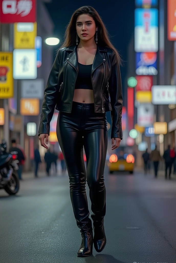 High quality photography, Portrait Style, hyper realistic, full body woman, Background is a city at night with buildings illuminated with LED light strips, extreme detail.