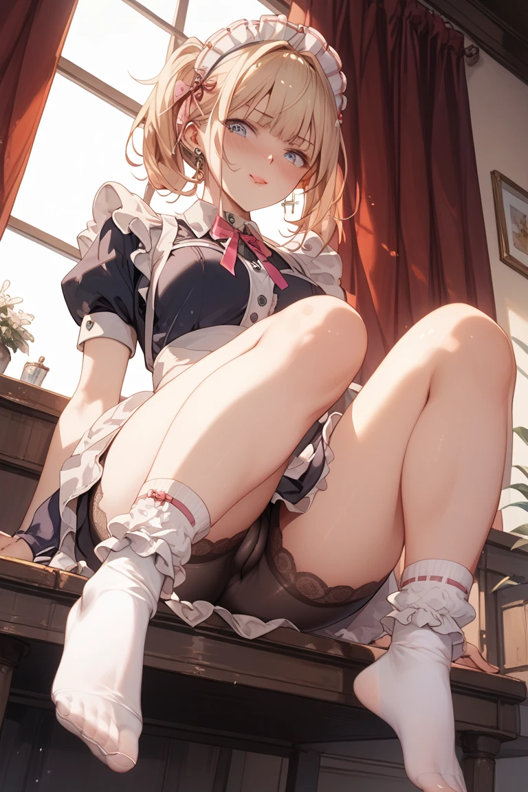masterpiece、Highest quality、Highest quality, (Long, slender legs, shoes:1.2), (squat, Spread your legs), 1 girl, (smile、Open your mouth大笑い:1.2), Cute eyes, (Detailed face:1.3)、Open your mouth, The whole face turns red, alone, Oversized breasts, Big and ample breasts, (Straight bangs, Bobcut), (White maid outfit:1.2)、(Nipples、Ultra-micro bikini that only covers the bust digs into the skin:1.2)、Side bust、Underbust、belly button、Walking through the mansion'corridor、Browsing Caution、shoes下