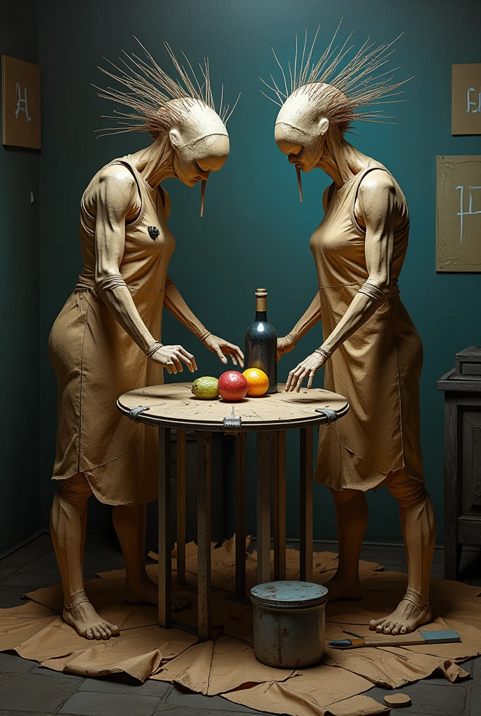 ultra-real stunning ultra-surreal happy beautiful intricate pieces of cubist man and woman drinking bottles of wine and emerging from within them other pieces with cubist heads, bizarre and big devices glued to the chest, bodies fused together, show entire bodies, sunny beautiful landscape background, super detailed, ultra-realistic, studio quality, 48k/HD, high contrast, hyper-realistic shadows, octane rendering, sharp focus
