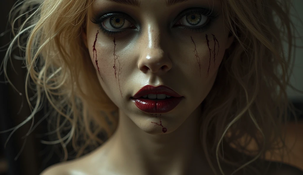 a portrait of vampire with a bloody tear coming down from he eye, an exotic beautiful female vampire, blond hair, dynamic hair style, ultra detailed face, best detailed face, dynamic eye color, ((1single red teardrop, teardrop made of blood coming down from the eye: 1.3)), Ultra-high resolution, High Contrast, (masterpiece:1.5), highest quality, Best aesthetics), 16K fantasy art, best details, best quality, highres, (ultra wide angle: 1.2), 16k, [ultra detailed], masterpiece, best quality, (extremely detailed), ladyshadow, magical sky, crying style