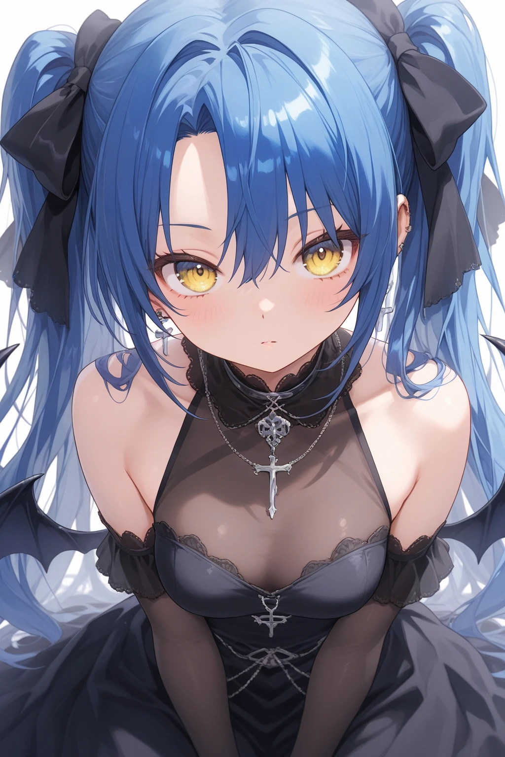 Masterpiece anime characters。Little Devil Beautiful Girl、bobhair、Black crown、Wearing a gothic dress、Swaying gray hair、Smile with a cheeky look。