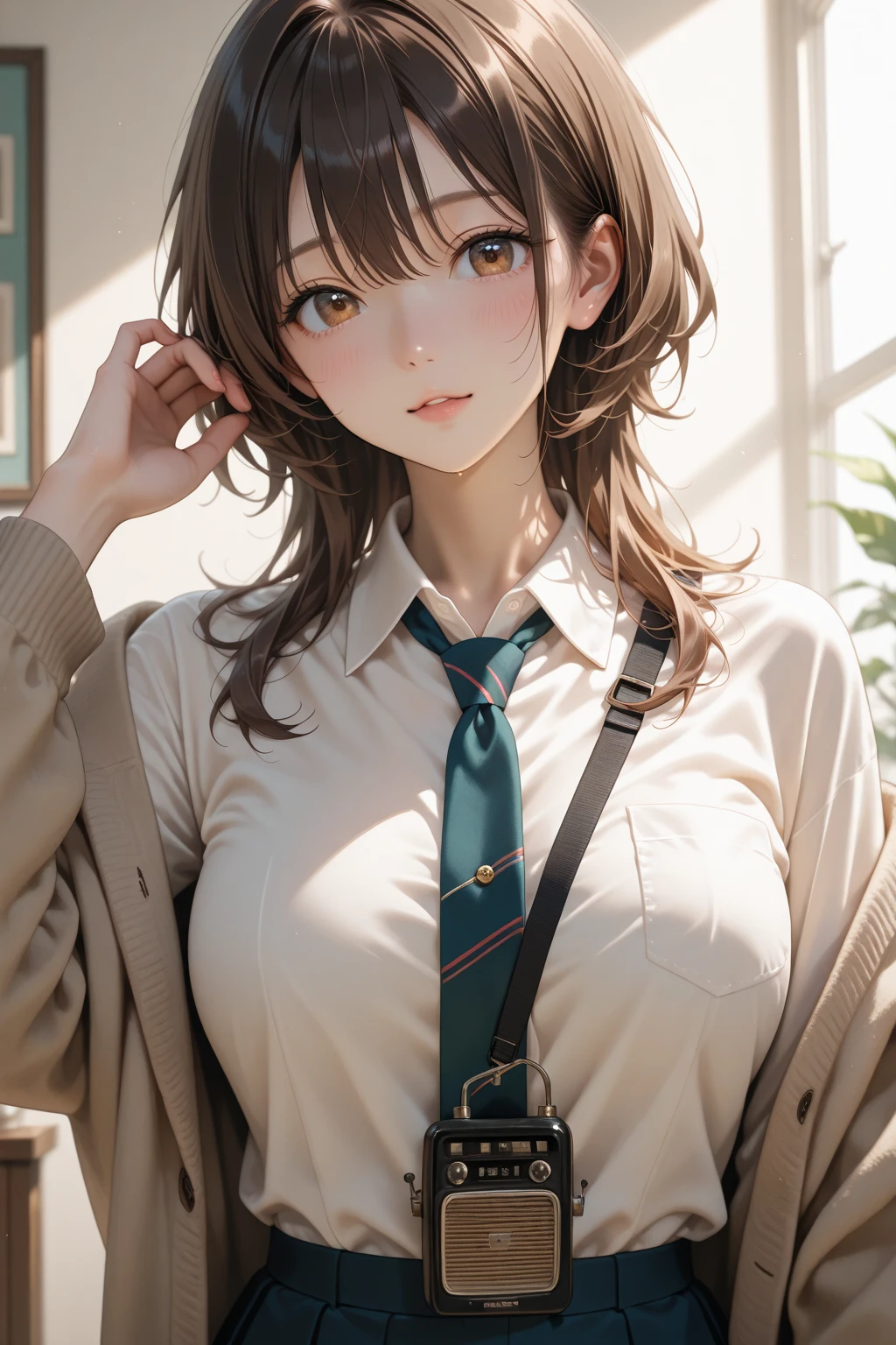 porn image.(from below:1.2),(1girl,ultra detailed skin,curvy,,beautiful breasts,large breasts,pale skin,pointy breasts,erect nipples),(Hyperrealist portrait,(8k),ultra-realistic,high detail,high resolution,best quality,masterpiece,Sense of presence,Dynamic,bold),(thin and soft hair:1.8),(straight hair),(Swept long bangs),(extra light coppery amber hair),(hair over one eye),(clothed:1.5,school uniform:1.5)