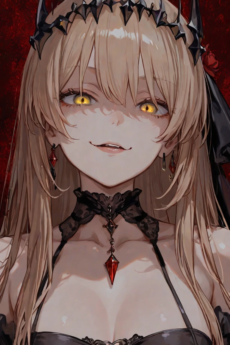 1 girl, upper body, single focus, alluring beauty, vampiric attire, hypnotic gaze, (vampire fangs: 1.4), (gothic castle: 1.3), pale complexion, mysterious aura, [depth of field, ambient lighting, candlelit crypt foreground, eerie castle background], ancient castle, dark secrets, flickering candles, (misty graveyard), (iron gate: 1.2), intricate details, enhanced lighting.
