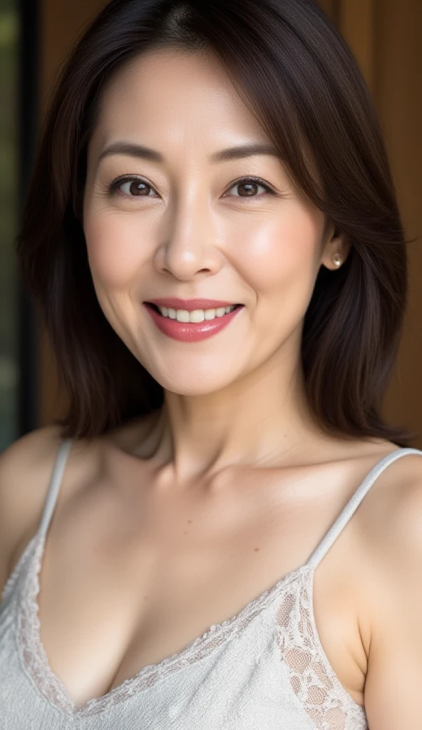 super high quality, Background Blur, In a hotel room, gravure, Look forward, 55 years old, ,Fat belly,Very plump, From the chest up, masterpiece, Highest quality, Very detailed, Realistic, Ultra-dense skin, Perfect Anatomy, Plump Mature Woman, Wrinkles around the eyes, , Big Breasts, Light green lace underwear, A shy toothy smile, Chubby, Glamour, sexy, Pure white skin, Looking at the audience,
