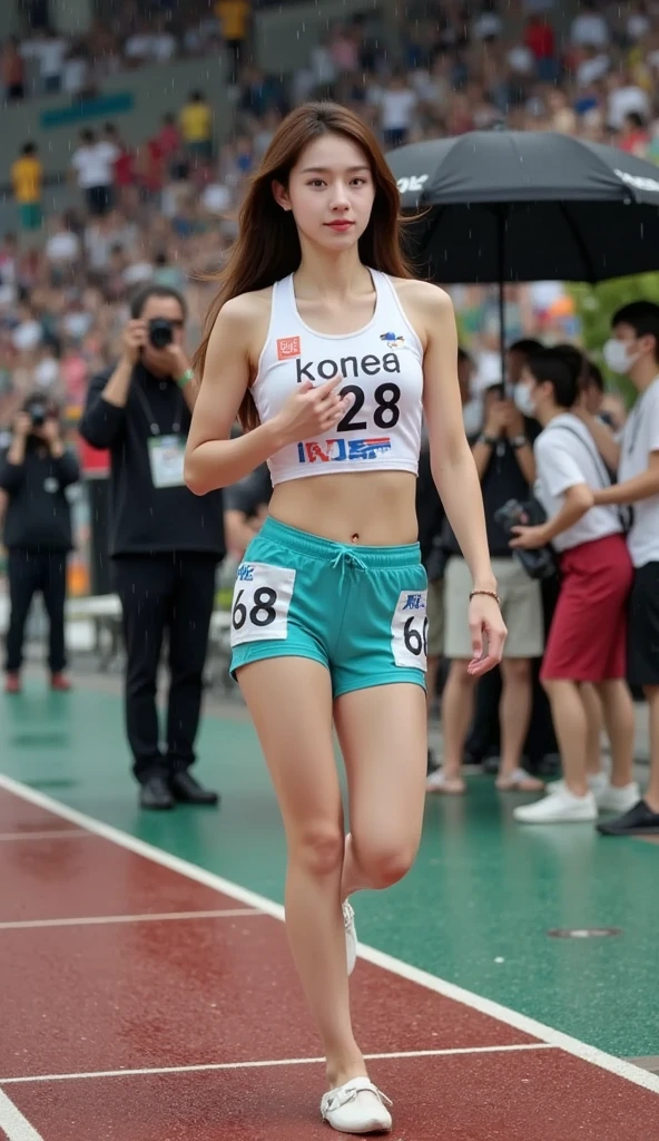 8k、Ultra-high resolution、Highest quality、masterpiece、Realistic、Ultra-high resolution、High-definition RAW color photos、Professional photos、real、photo realistic、(Always big breasts、Definitely a pretty big bust、cleavage)、Vivid lighting、Natural skin texture、Fine skin、Hyperrealism、Intricate details、Depth of written boundary、Adult women、masterpiece、Highest quality、High Detail、Eye highlights、Lip gloss、((Serious expression、((Very Short Hair))、Marathon runner、Streets of skyscrapers,Drive in the center of the road、Dark gray separate uniform for track and field athletes、redSports Bloomers、(Full body running pose):1.5))、running shoes、((running、Must-have red high leg bloomers for competitions,Crowds along the road,Lots of runners:1.6)),(athletic female,running,Sprinting,((flat chested,small breasts,Erect nipples)),wet clothes,sweating:1.3)