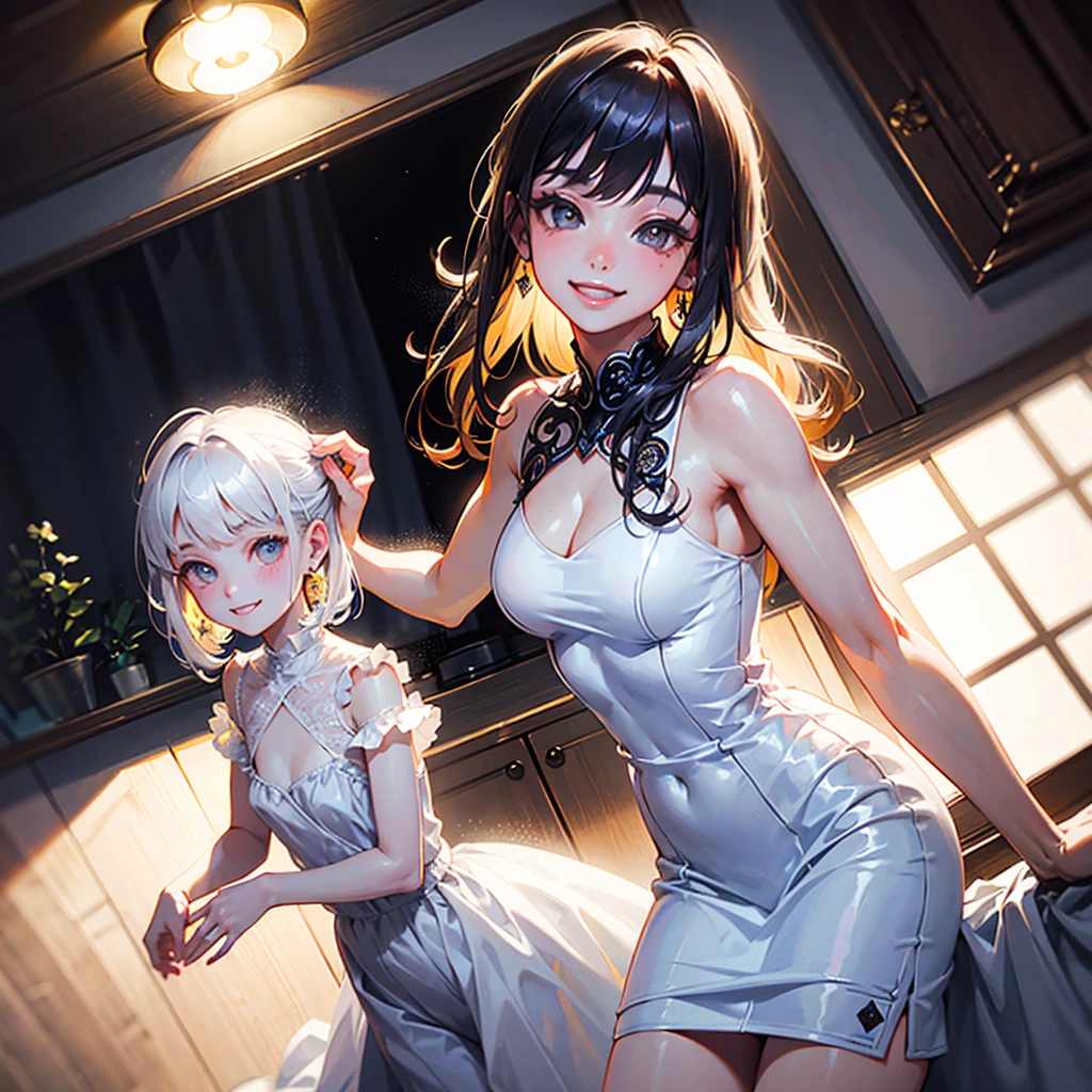 masterpiece, best quality, 2girl, <lora:kam5-6:1>,dress,smile_face,open_mouth,medium_breasts,short_hair,blonde hair,