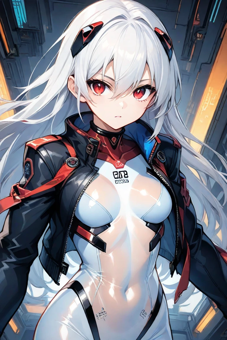 (burning city in the background:1.2), blurry background, looking forward full body, silver hair, long ponytail, white jacket open, black bikini, visible abdomen, photo from the waist up, volumetric lighting, white jacket, red katana on the back, multicolored eyes, (blue and red heterochromia1.4), detailed eyes, hyper detailed, serious face, slightly irritated, highly detailed, beautiful, small details, ultra detailed, best quality, intricate, hyper-realism, sharp, digital illustration, detailed, realism, intricate, 4k, 8k, trends in the arts station, good anatomy, beautiful lighting, award-winning, photorealistic, realistic shadows, realistic lighting, beautiful lighting, raytracing, intricate details, grumpy, rule of thirds, masterpiece, (illustration: 1.1), high resolution, (extremely detailed CG, unit, wallpaper 8k: 1.1), beautiful face, highly detailed face, ultra realistic, masterpiece, bokeh, extremely detailed, intricate, abdomen, small breasts, thin, colorful, vibrant colors, front view, small breasts, abdomen