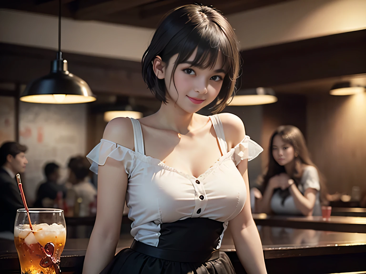 Realistic, Masterpiece, Top Quality, (Detailed Eyes), One High School Girl, Huge breast, Sweat, night, outdoor, bustling restaurant, micro bikini tucked in, string only micro bikini, ponytail, earrings,  white apron,  puffy short sleeves, between breasts, small tray, center opening,  bow tie, pelvis curtain, (wide hips), shy smile, embarrassed, (look up), short maid skirt, maid headdress, (whipped cream on breast)