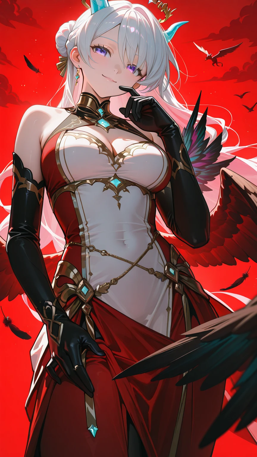 ((masutepiece, Best Quality)),Photography, Detailed skin, Realistic, Photorealsitic, 8K, Highly detailed, full length frame, High Detail RAW Color Art, diffused soft lighting, Shallow depth of field, 
Red Edge Garuda_Dress, Crimson Bird_Woman with spread wings ,Light blue long hair、Twin-tailed、Wearing a red Edge Garuda_Dress