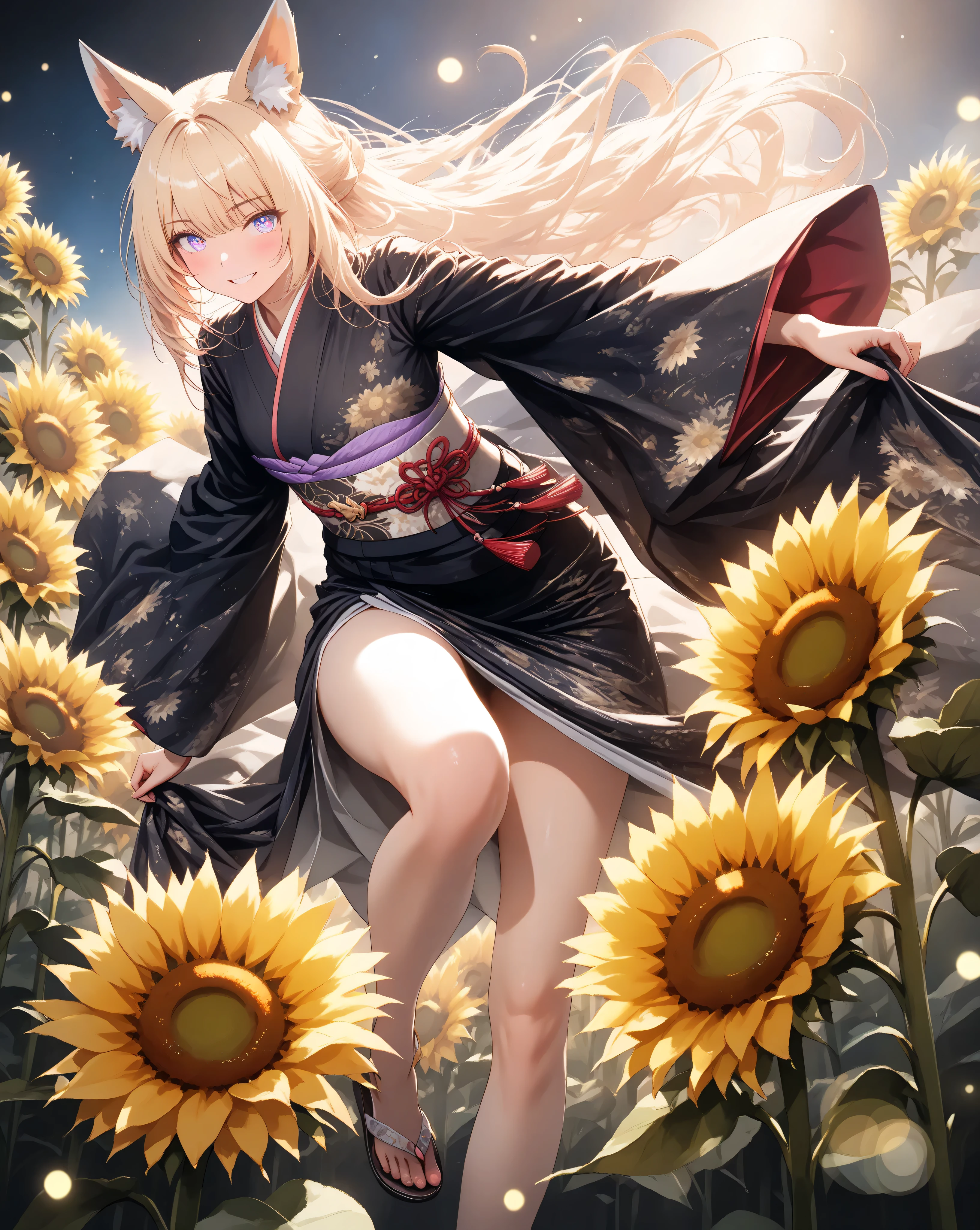 Quality:
(high score), (masterpiece, detailed:1.2), (ultra-detailed), (ultra-quality), (super-resolution),

Art Style:
(photorealistic):1.4, (2.5D):1.5, (moonlit night lighting):1.6, (cool cinematic lighting):1.5, (volumetric light rays):1.4, ray tracing, depth of field, (deep indigo to ethereal violet night palette):1.3, dramatic angle, (ethereal atmosphere):1.2, (dreamy aesthetic):1.1

Subject:
(Look back),(close up), (Breathtaking fox Woman):1.5,(Sassy walking pose):1.4,(triumphant-grin):1.4,(determined expression), (delicate fox ears):1.3,(delicate fox tail):1.3,
(delicate vivid eyes),(delicate and moisturized lips),(smooth and Slender body lines):1.3, (translucent and moisturized skin), (graceful knee lines), (natural and beautiful leg lines), (delicate body contours),
(blonde hair with Soft Light):1.2, shimmering with digital light, meticulously detailed strands of hair, silky smooth texture, flowing like it flutters in the wind, natural shading and highlights

Outfit:
(black kimono with gold floral patterns):1.6, (soft chiffon kimono fabric):1.4, (golden obiage):1.3, (red obijime):1.3, (wide golden fukuro obi with floral pattern):1.4, (traditional zori sandals)
(kimono with floral patterns),
wide obi with string accents,
kimono with draped sleeves,
subtle red accents on the kimono lining/collar,
thin red ribbon in hair

Background: (Starry night sky):1.5, (deep indigo to dark violet gradient), (soft cool colors), (field of sunflowers in the foreground):1.4, (sunflowers facing the moonlit sky), (detailed sunflower petals and stems), (bokeh effect on sunflowers):1.3, (shallow depth of field), (distant rolling hills shrouded in mist):1.2, (softly blurred background), (moonlit glow):1.6, (cool and soft light), (subtle light beams from the moon):1.1, (dust particles in the air), (fireflies with soft glowing trails):1.2