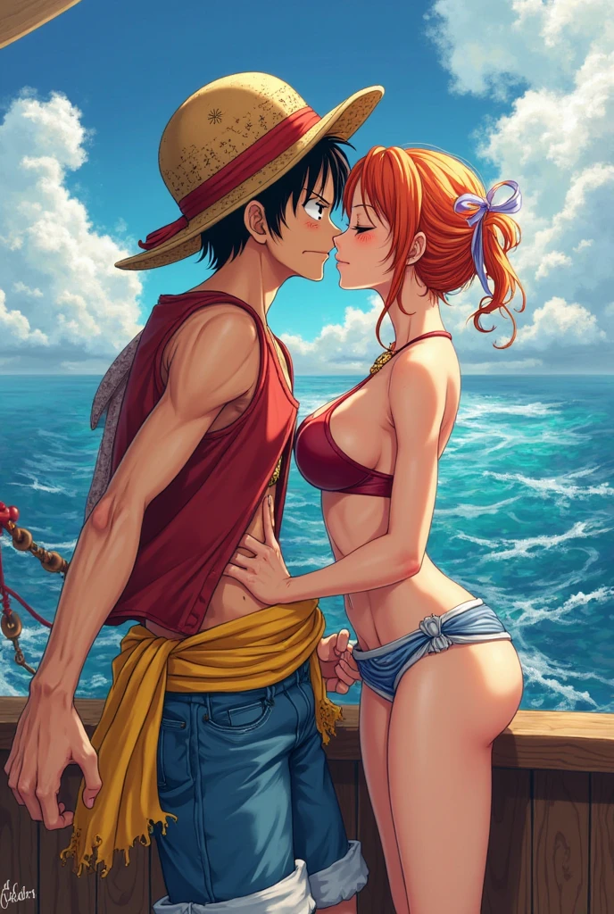 ship's cabin, dark ambience, dark night, they are kissing each other, nami is wearing a green and white strapped bra with a denim, luffy is pressing nami's breasts