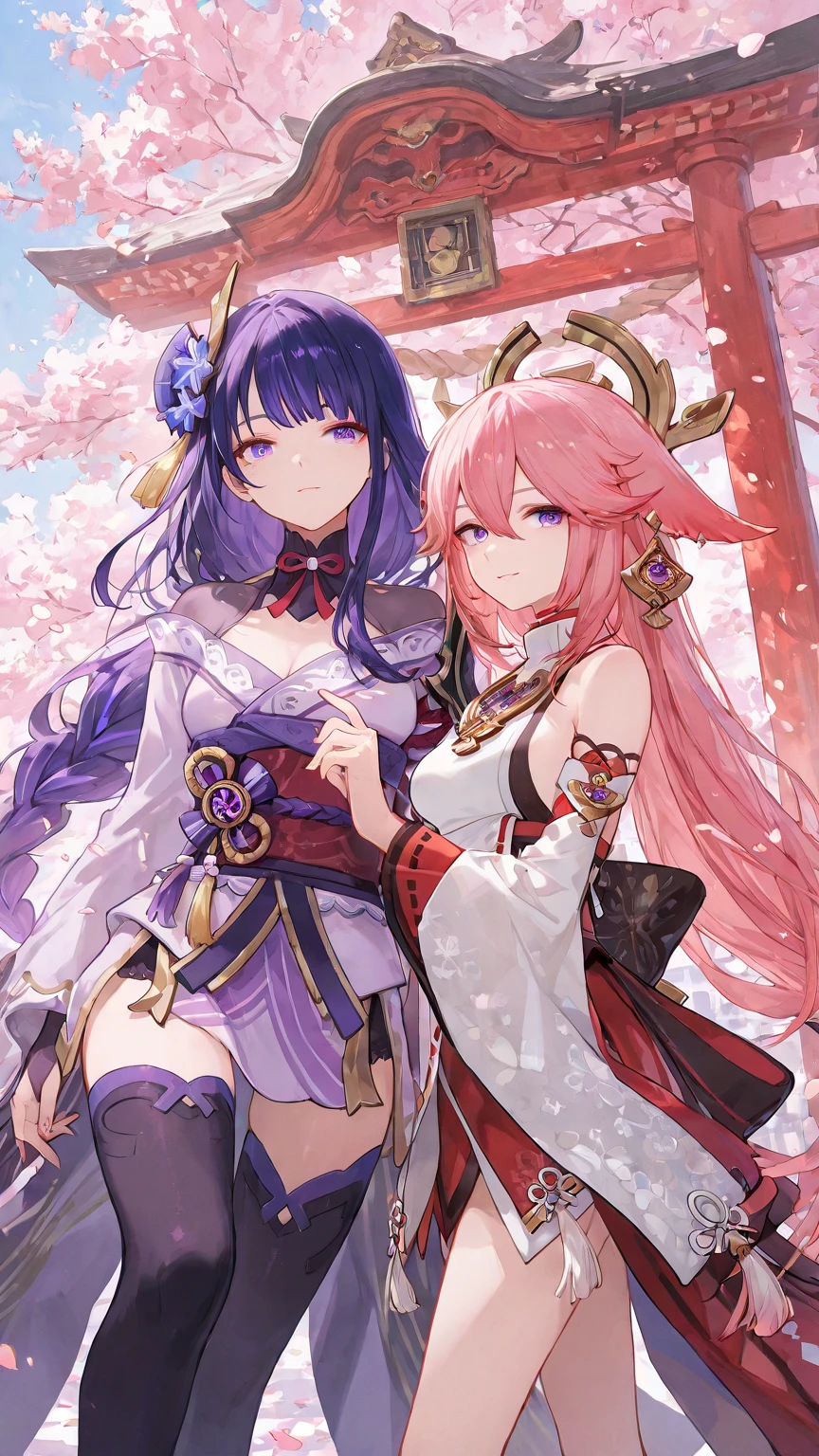 masterpiece, best quality,multiple girls, breasts, 2girls, yae miko, raiden shogun, purple eyes, pink hair, japanese clothes, purple hair, large breasts, long hair, cleavage, hair ornament, thighs, purple kimono, thighhighs, bangs, animal ears, detached sleeves, fox ears, wide sleeves, kimono, moon, weapon, braid,(kbxll:0.8)