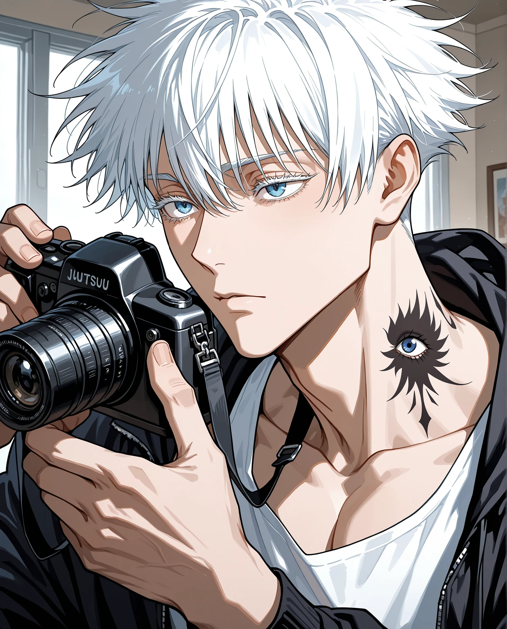Satoru Gojo,Erwachsene, Jujutsu Kaisen, white hair, kurzes Haar, ((hair between eyes)), dyed eyelashes, white eyelashes , blaue Augen, complex rainbow skin, detaillierte Augen, muscular man , sexy Mann, gutaussehender Mann, pretty face, eine Kamera haltend, tattoos on neck and fingers, tired expression , Bad guy, black hoodie unzip, white tank top, Skizze, black and white, studio room background, Zeichenstil,realistic facial features, detailed features , well-defined facial features, Style semi-realistic, bemalter Stil, detaillierter Stil, Allein, bemalter Stil, Minimalismus, Nice face, Adult male style, kurzes Haar, beautiful eyes , Nice face.