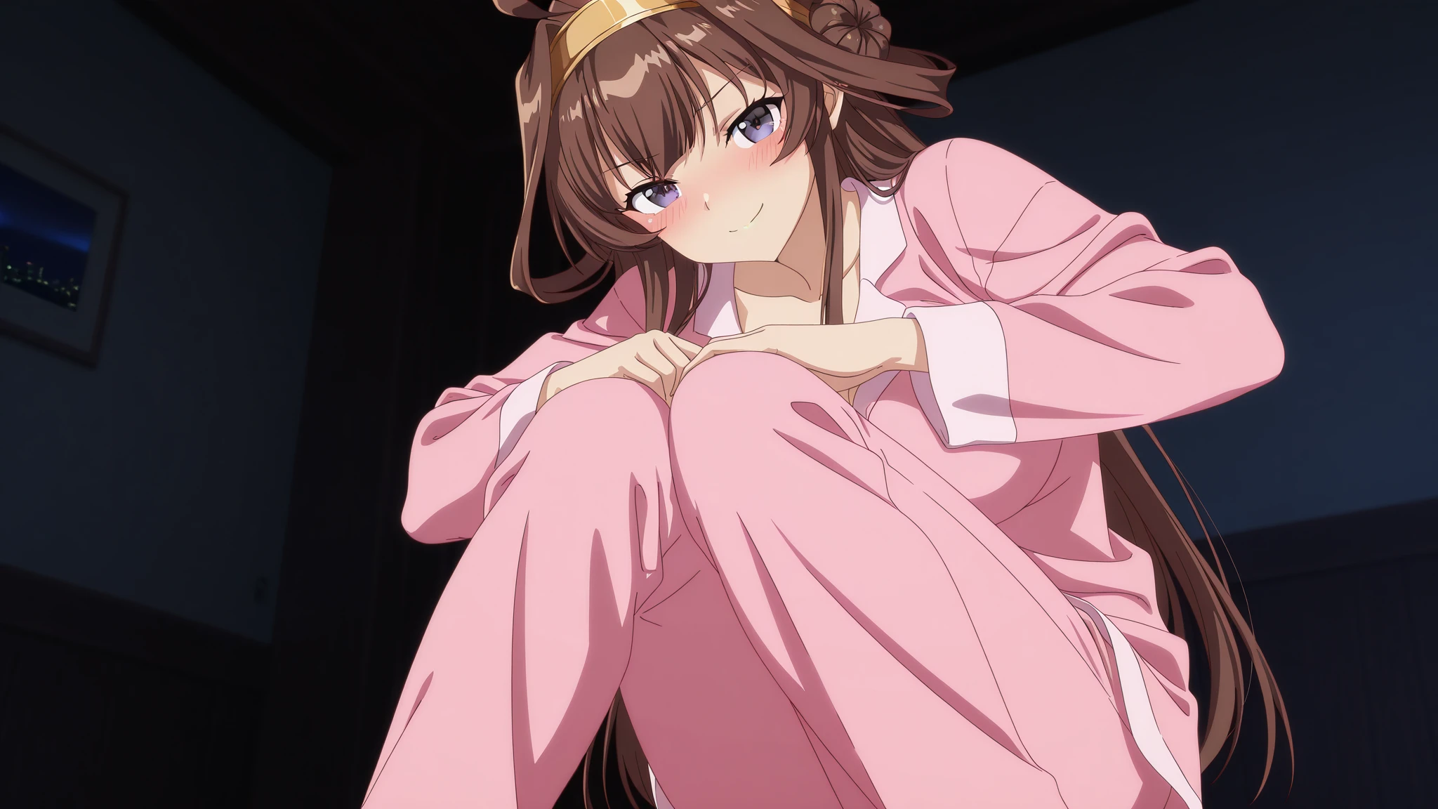(masterpiece, Highest quality), One girl,    Yunyun,Long Hair,Braiding,Twin tails,Hair between the eyes,Red hair ribbon,hair ornaments,large round breasts,、Black Hair、Red Eyes、(Happy Face:1.2)、bed、Crown Blade,(Yellow off-the-shoulder pajamas:1.5)、(blush:1.2)、Sitting、(Lower body only pink underwear:1.5)