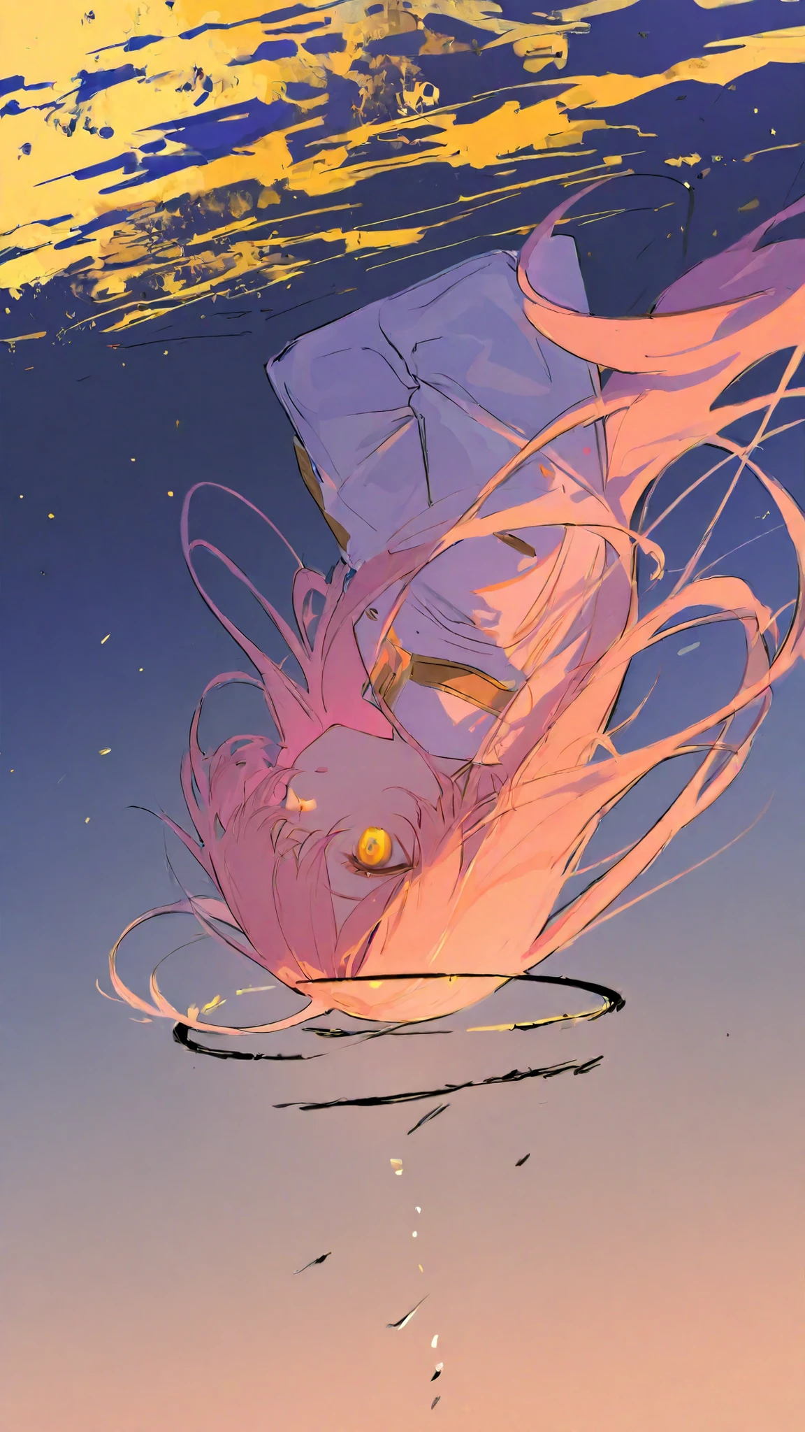 High Definition one woman cute white military uniform girl upside down light pink hair semi-long hair black halo One eye looks like the moon golden eyes the wind is blowing Night Sky