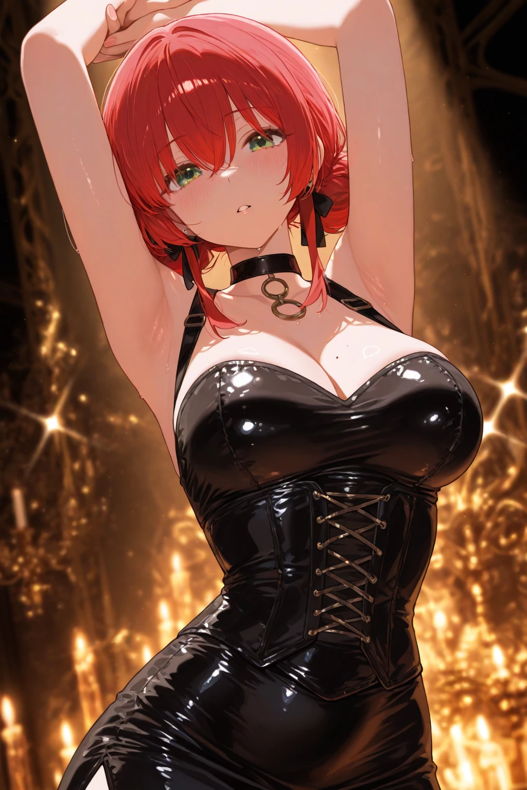 (Masterpiece, Best Quality, High Quality), nishikino maki, purple eyes,red hair,(breasts:0.959), (chained:0.945), (solo), (cleavage:0.939), (thighhighs:0.904), (strapless:0.838), (shorts:0.836), (large breasts:0.720), (collarbone:0.683), (standing:0.677), (cuffs:0.581), (closed mouth:0.571), (weapon:0.556), (holding:0.542), (garter straps:0.508), (hair flower:0.508), after
