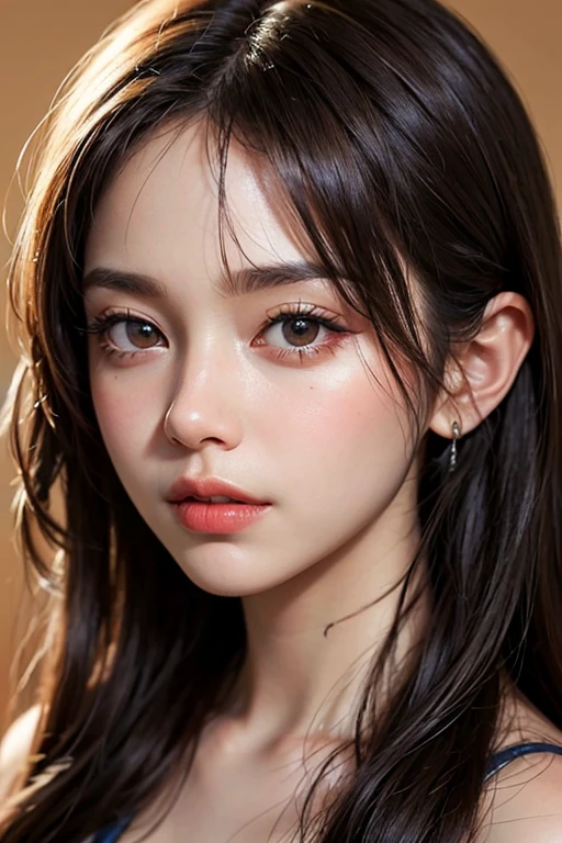 high resolution portrait。With a symmetrical face、Have clear, smooth skin and a radiant complexion。The facial features are well defined、High cheekbones、Straight nose、Characterized by plump lips。The eyes are large and expressive、Have long, thick eyelashes and perfectly groomed eyebrows。The makeup style is focused on glowing skin with a pearly shine.、Full coverage foundation、Orange blush、Sharp contouring、Holographic eyeshadow、Cool Tone Highlights、Uses deep red lipstick。Wet hair style、Using oils and balms to create volume。The background is simple and elegant.、The focus is on her face.。The lighting is soft and inviting、Enhance her features、It gives a glamorous impression。