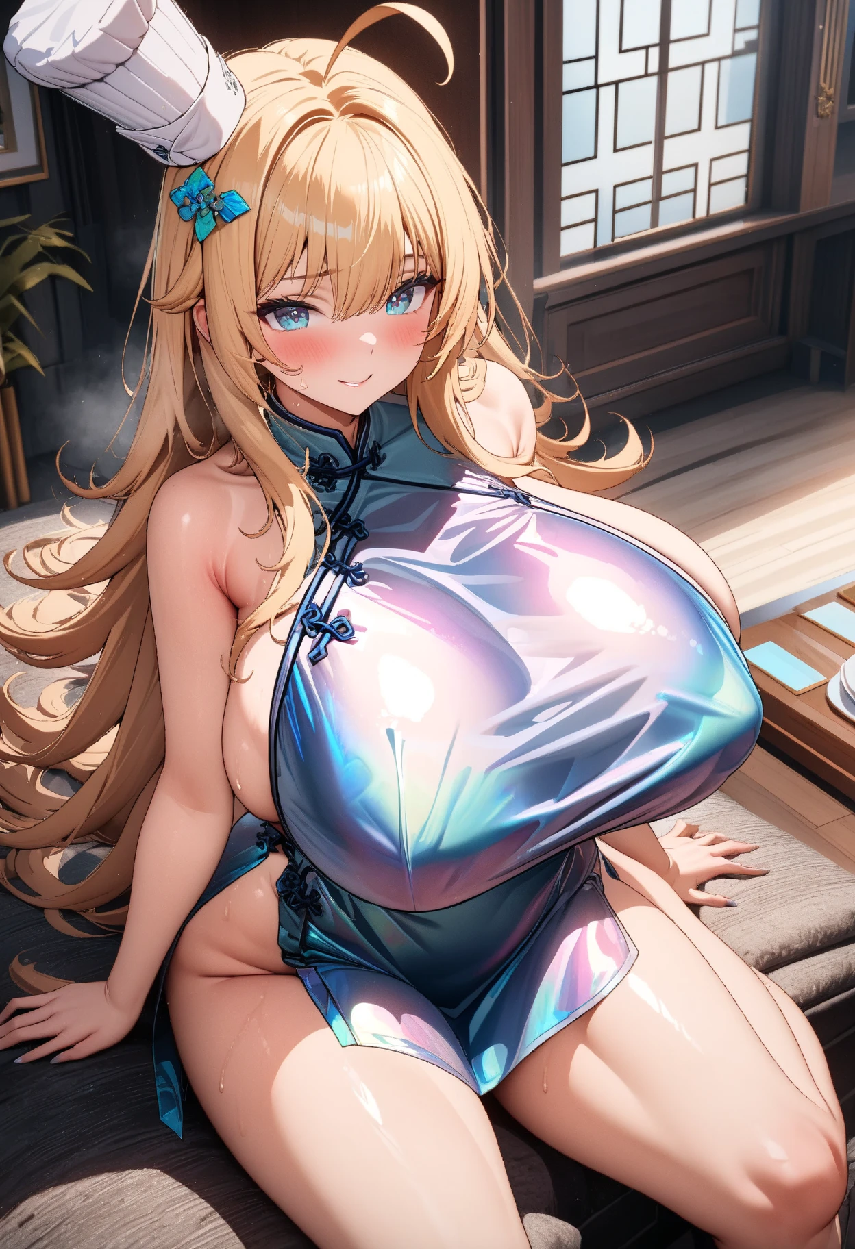 (masterpiece, top quality, best quality, official art, beautiful and aesthetic:1.2), (1girl:1.3), extremely detailed,(fractal art:1.2),colorful, highest detailed, (zentangle:1.2), (dynamic pose), parted lips,wallpaper, (challenging smile),beautiful violet eyes, long hair, beautiful blonde hair, ponytail hairstyle, bangs, (medium breasts),beautiful and detailed fingers, five fingers, only underwear, ((white underwear)),bra and panty, (((Close your chest with both arms))),(((indoor))), Are standing
