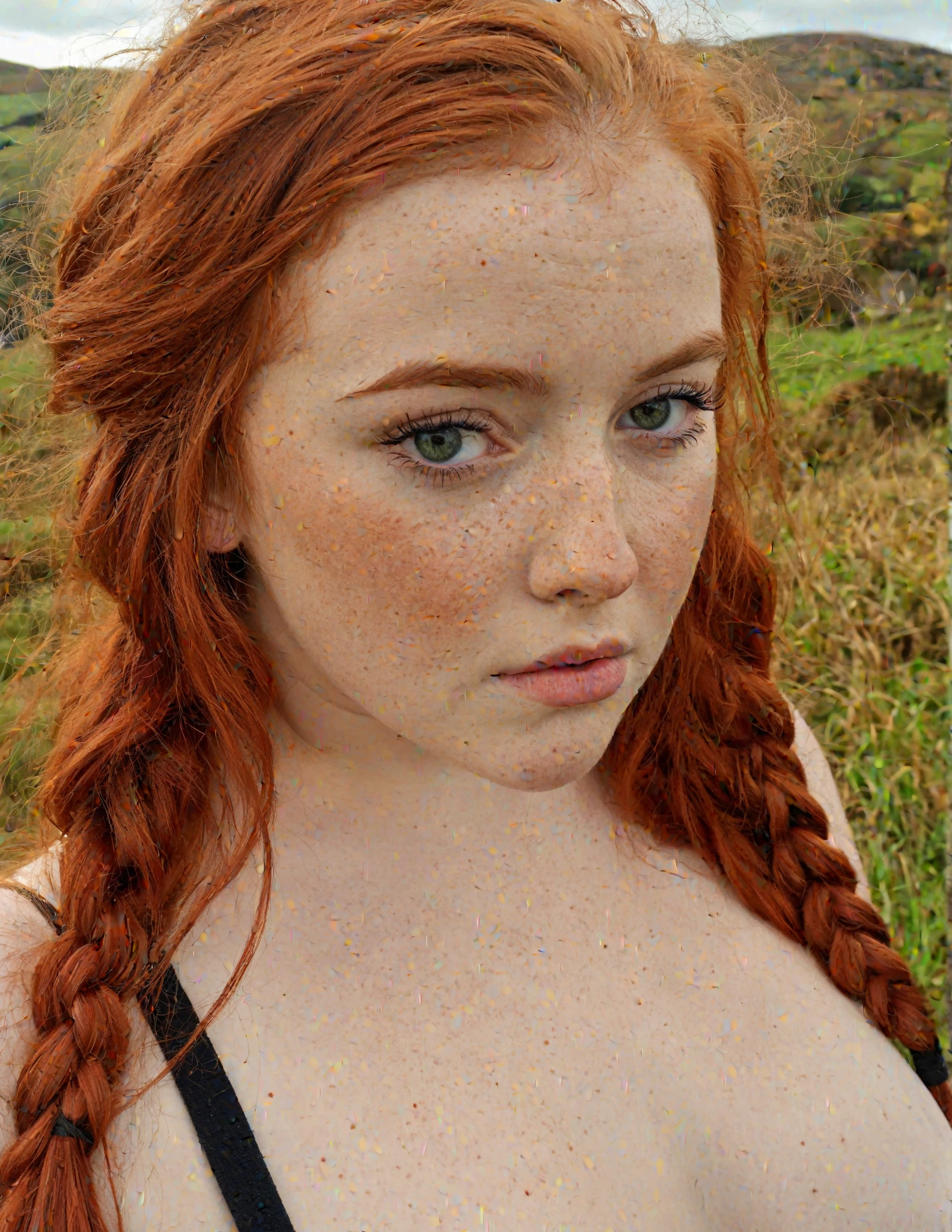 photo of a nude 19 year old freckled redhead woman with pale skin and defined muscles, showcasing six-pack abs, with striking blue eyes and blushing cheeks, her hair styled in playful pigtails, wearing a cowboy hat, in a sensual pose, conveying confidence and allure