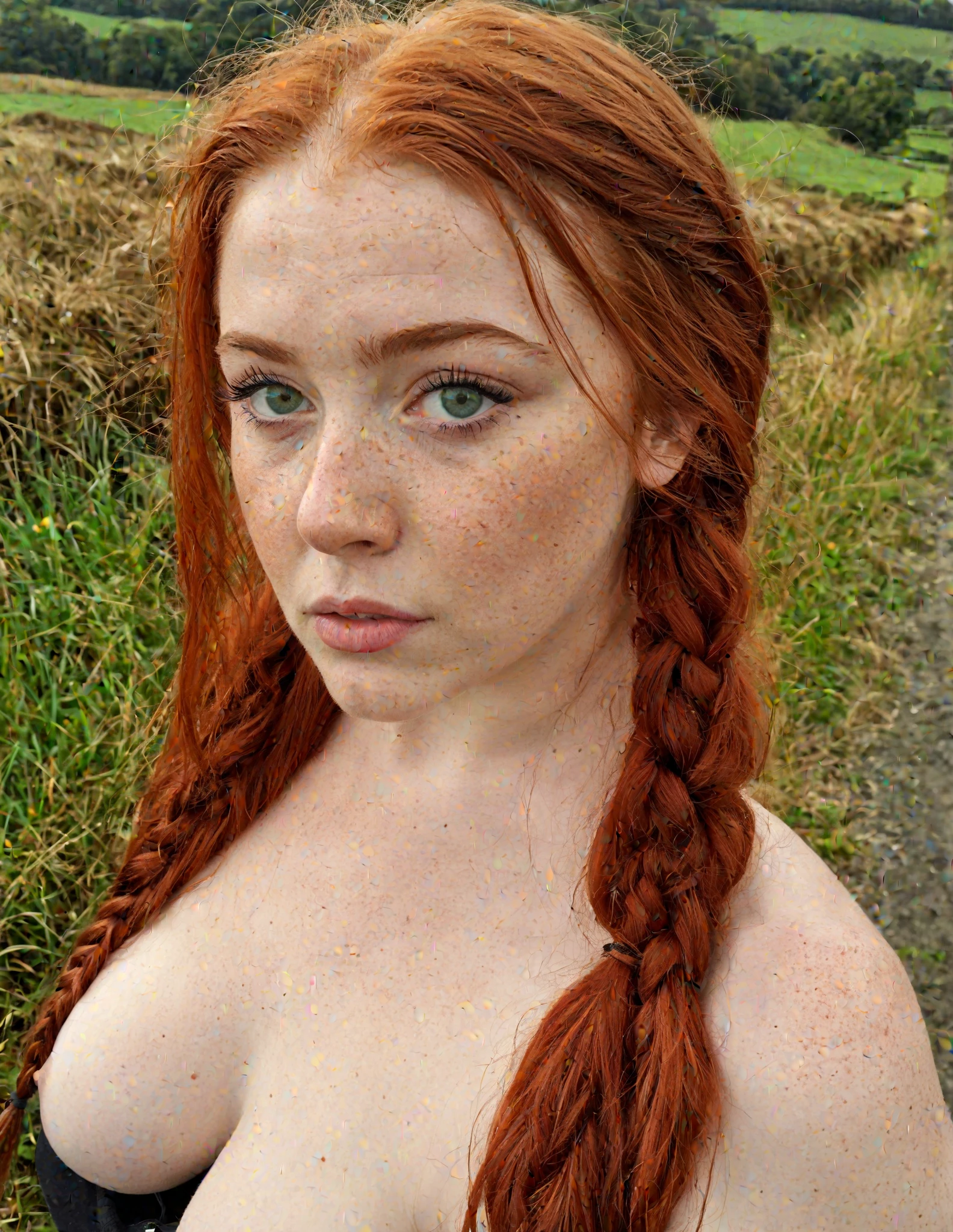 Musclar muscle Pale skin Russian arched nose redhead braided hair girl nude standing in garden smiling strong 