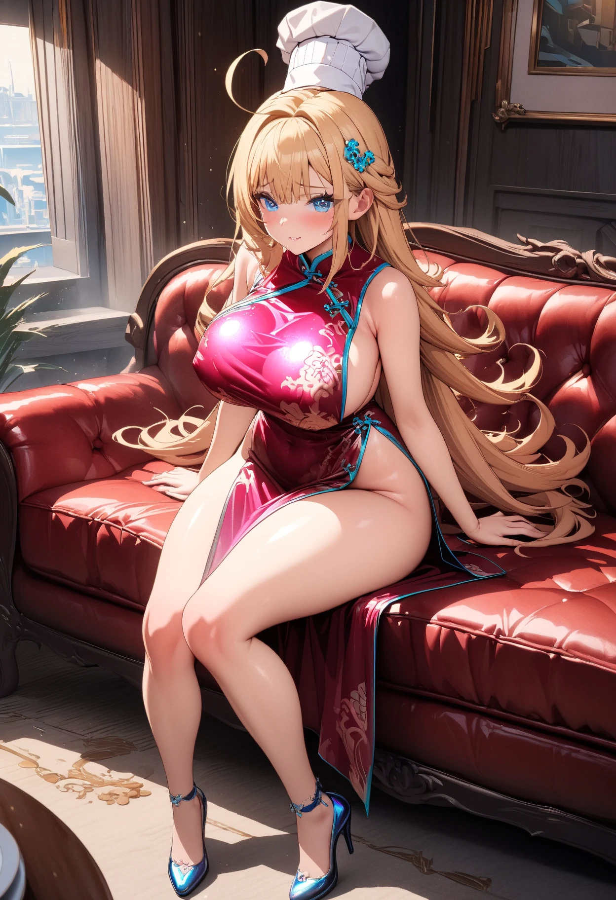 one woman,Detailed contours,Super best image quality,China dress,underboob,From the side down,Beautiful big,Nipples are sagging,Belly exposure,exposing chest,Doggy,underboobだけ見せる,from the side of your feet,blonde,standing position,Clothes that just rest on your chest,Low - Angle,anime characters,Breasts fully visible,close to the breasts,close to her,cute face,side boob,