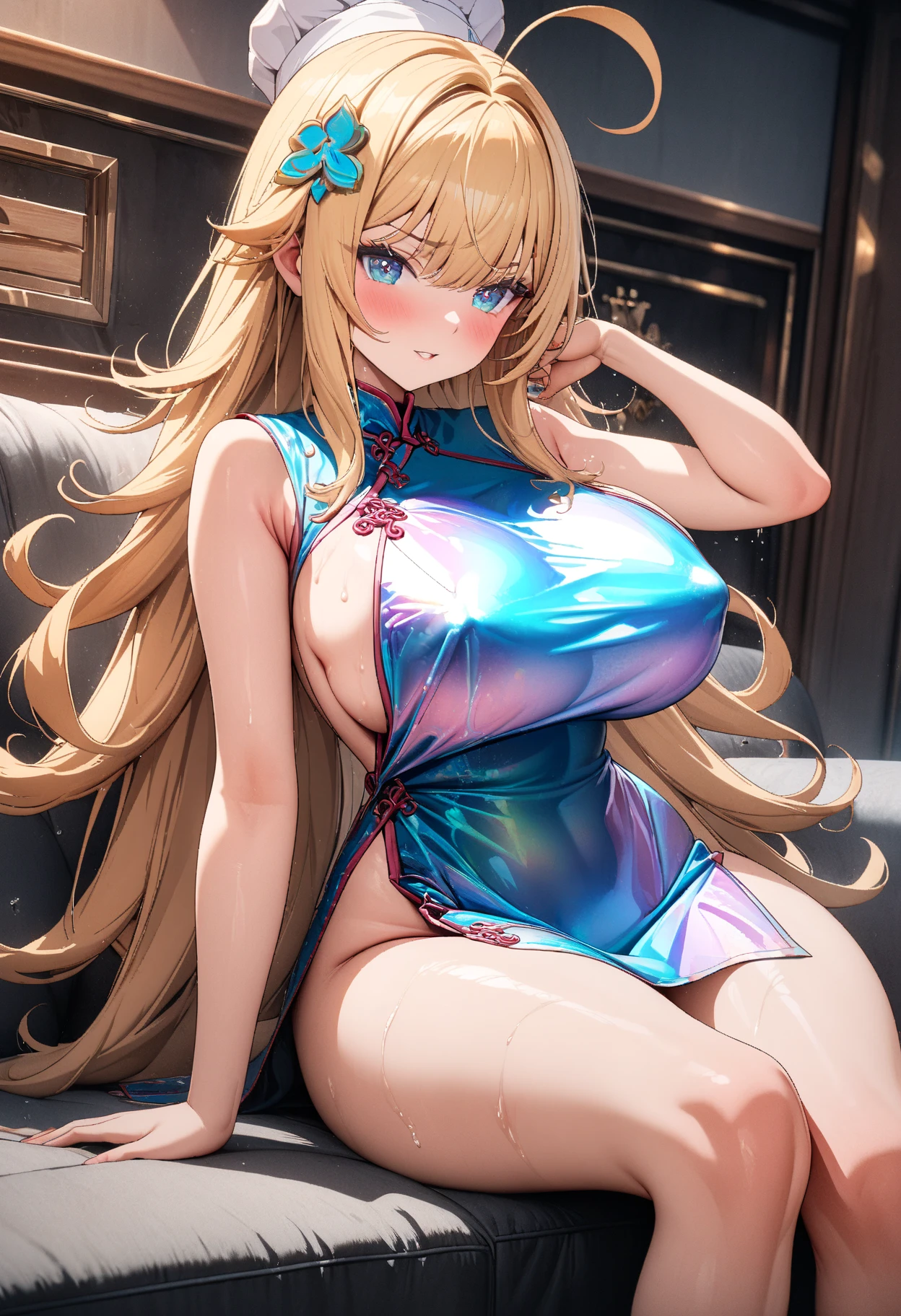 (masterpiece:1.2), (highest quality:1.2), detailed face、perfect body、unparalleled beauty、Curvy but slender body, perfect eyes, perfect face, perfect lighting, 1 girl, Detailed castle background、long hair, curly hair, fine clothes, Bright and beautiful face、young shiny glossy white shiny skin、the best beauty、the most beautiful bright blonde hair in the world、thin hair、super long straight hair、Shining beautiful bangs、Shining crystal clear big blue eyes、Very beautiful lovely 17 year old most beautiful girl in the world、big and full breasts、tits、nipple、a sexually excited look、(sexy dress with elaborate decoration)、spread your legs wide、((((POV、having sex))))