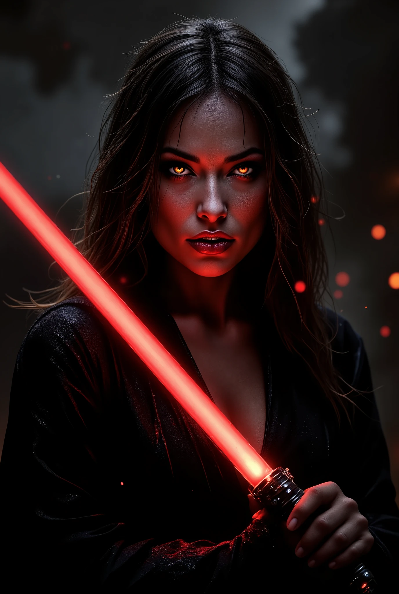 full body shot, female warrior, sith lord, star wars, red lightsaber, intricate details,beautiful detailed eyes, beautiful detailed lips, extremely detailed face, long eyelashes, evil look, diabolic, dramatic lighting, dark fantasy, chiaroscuro, cinematic composition, dramatic pose, dynamic action, moody atmosphere, deep shadows, vibrant colors, photorealistic, 8k, masterpiece