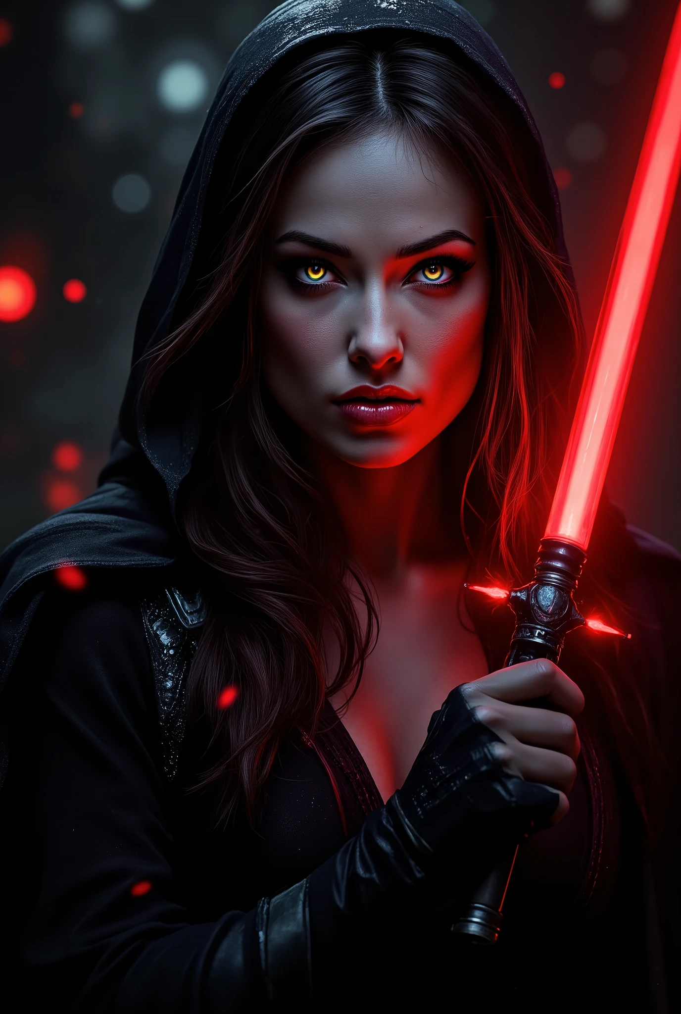 full body shot, female warrior, sith lord, star wars, red lightsaber, intricate details,beautiful detailed eyes, beautiful detailed lips, extremely detailed face, long eyelashes, evil look, diabolic, dramatic lighting, dark fantasy, chiaroscuro, cinematic composition, dramatic pose, dynamic action, moody atmosphere, deep shadows, vibrant colors, photorealistic, 8k, masterpiece
