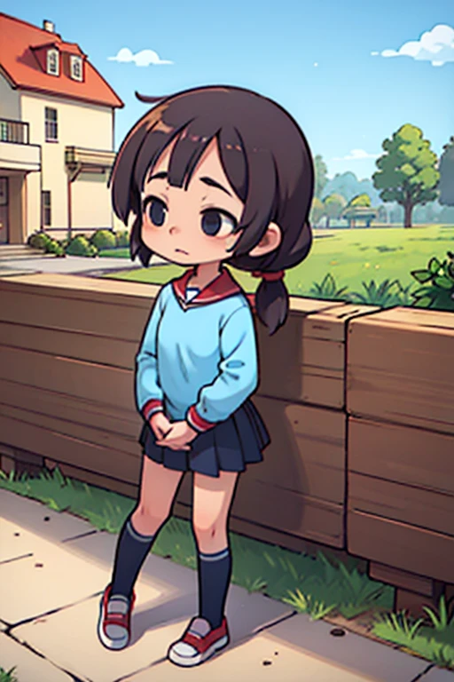 cowboy shot,1-girl,young girl,(petite),squatting,school uniform,lift up skirt,white panty,panty-shot,dirty crotch by blood