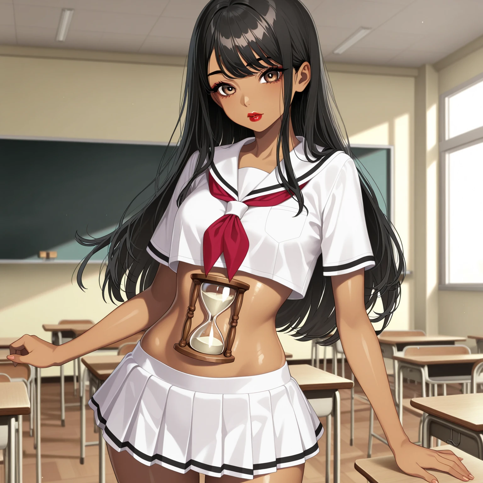 (masterpiece, best quality), intricate details, 1girl, meruccubus, (red skin:1.2), colored skin, pointy ears, (yellow eyes, glowing eyes), horns, blunt bangs, large breasts, freckles, body freckles, arms behind back, micro bikini, navel, pleated skirt, microskirt, thong, visible panties, choker, thighhighs, standing, indoors, classroom, <lora:meruccubus:1>