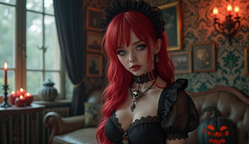 a gothic redhead with dark powers using a sexy black lace dress