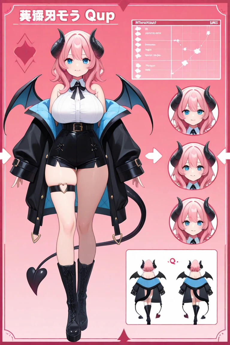 ((Best quality)), ((masterpiece)), (highly detailed:1.3), She is a succubus, a beautiful woman with a perfect body, her breasts are huge, her quad is wide, her ass is big, Her beauty attracts every man she looks at, but behind it all, she is a show that devours men, sucking their blood and becoming more powerful. The character has pink red hair, is very long, wavy and voluminous. Its clothing resembles a bat, it has a married fur with black feathers, a long cachicol with black bat feathers that goes from one arm to the other. On its back it has long torn bat wings. She wears sexy extremely detailed leather clothing that shows off her swimsuit-like belly, and on the edges of her breasts and the verilla has black bat hair, she wears a long boot with black bat feathers. The image will be used for reference as a model sheet for 3d modeling, the head and feet need to be visible, need to put a representation of front and back in the same image. The art style needs to be WLOP. Unrealistic style.