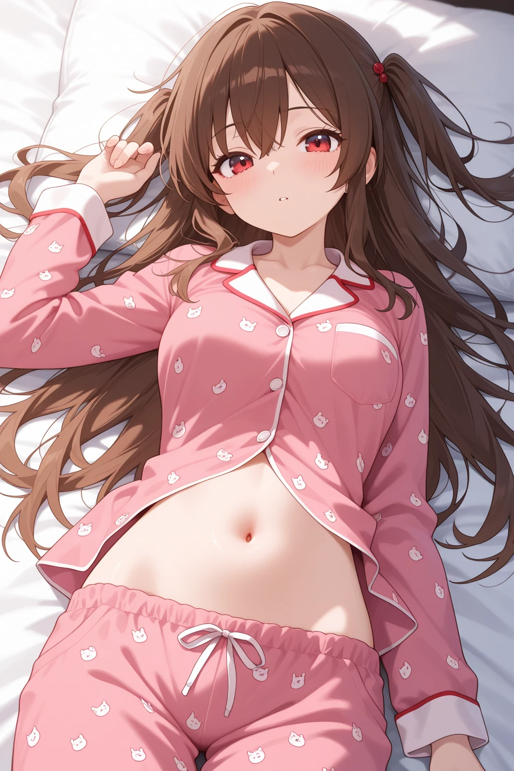 ((Browsing Caution:1.4, masterpiece, highest quality, High resolution, 超High resolution, Perfect Pixel, Depth of written boundary, 4K, RTTX 10.0, High resolution))), (One girl:1.3), single, alone, she, Beautiful Anime Girls, Beautiful art style, Anime characters, ((Detailed face:1.2)), ((Smooth texture:0.75, Realistic texture:0.5, Anime CG Style)), ((Beautiful and large breasts, Cleavage)), indoor, Bedroom, Perfect body, Slender body ((Sleeping in bed, (lying on one&#39;s back:1.5), sleepy, close your eyes, Lying in bed, Sleeping pose:1.2)), (Natural light, Reflection of light, Morning Scenery),(Open your mouth wide:1.3)), (Put one hand in your panties:1.8), fingering, (pussy juice:1), (Perfect hands, Perfect Anatomy, Exact number of hands), sexual pleasure expression, Hold your pee、Patience is the limit、On the brink of climax, (One hand kneading the chest:1.3), ((blazer:1.3), White shirt, Check skirt, (Red ribbon at neck:1.4)), (sheのシャツは胸元が開いている, Pink Bra:1.1), (The skirt is flipped up, Pink side-tie panties:1.1)、Chizuru Ichinose、Cute anime illustrations、Chizuru Ichinoseの髪型
