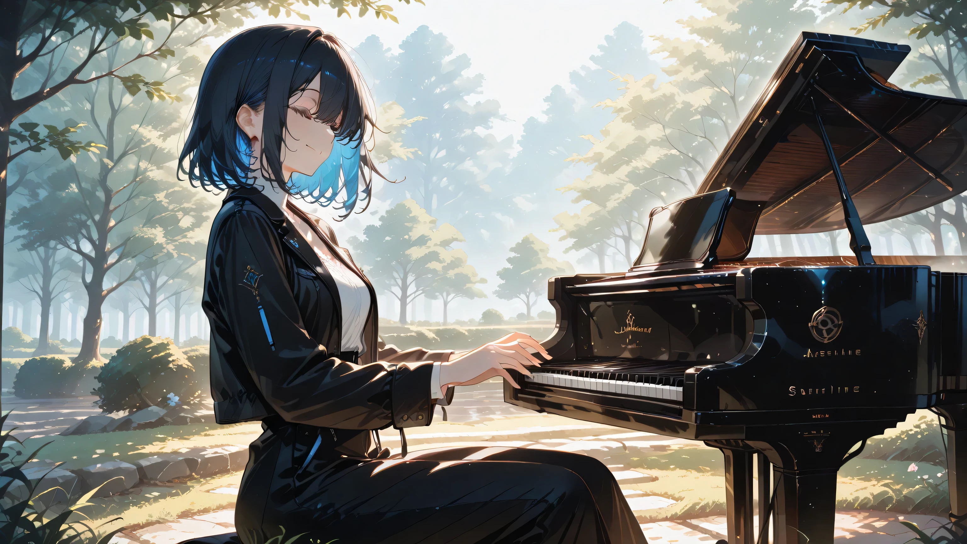 masterpiece, one girl, black medium hair, short cut, blue inner hair, asian, blue eyes, playing piano, sitting, smiling, closing her eyes, wearing jean, white shirt, black jacket, spring, sunshine, foggy weather
