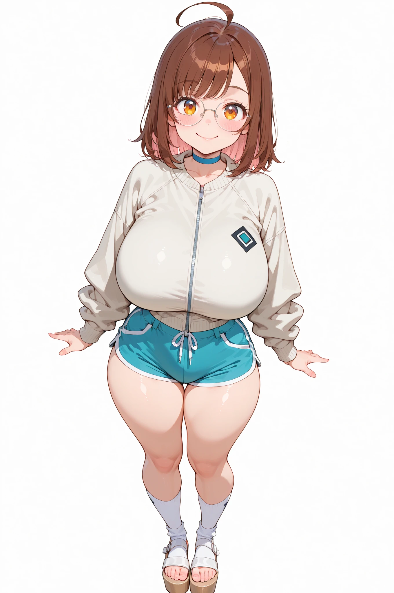 A tall sexy cute woman big breast attractive beautiful short brown hair short tousled cut her red eye wears metallic black bra shows navel a black thong pair long green socks black sneakers