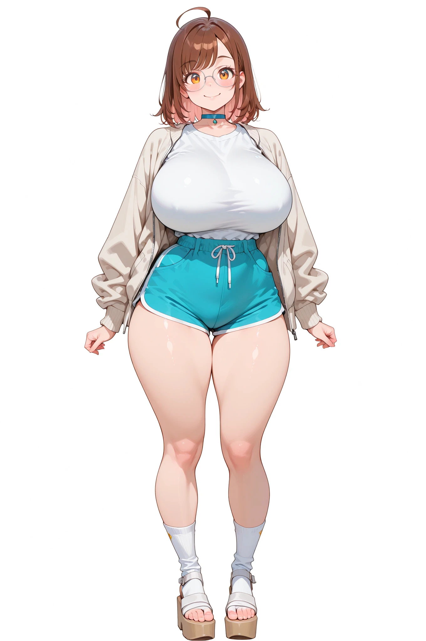 One Girl,Precise five fingers、{Knee-high socks}、(((Wide Hips)))、 (((Plump thighs)))、((Big Ass))、(Big Breasts) Embarrassed look,shortstack、whole body、Sexy pose。T-Shirts、Shorts、 Jacket、