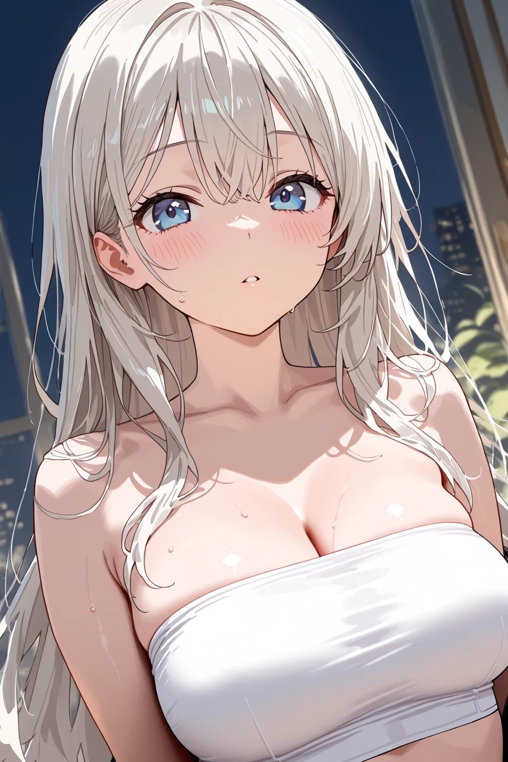 outdoors, night, (glowing), rich colors,high contrast, sky, nebula, 1girl wearing embroidered negligee, see-through nipples, long hair, looking away, ((extremely tired)), blushed, orgasm, open mouth, natural breasts, intricate eyes, unrealistic eyes, nipples, collarbone, hetero, intricate colorful hair, barely covered, sweat, wet, pussy, solo focus, 1boy, penis, (oiled skin, shiny skin), sex, vaginal, shaved, pov, grabbing, cowgirl, girl on top, overflow, interracial, cinematic, (masterpiece, best quality:1.2), <lora:moniam-v1-lokr:0.8>, ((nsfw))