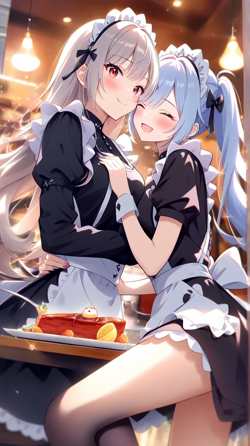 (8k、Highest image quality、best quality、masterpiece)、2 girls、kiss,Sticky,Face to Face,love,Maid costume,Waiting tables,Panting,Extremely detailed facial details, handcuffs,Collar,Calm expression,Red lips,Sweet smile,Black long hair, Charming blue eyes, Fox ears, Ridiculously big, glowing skin,Dining room