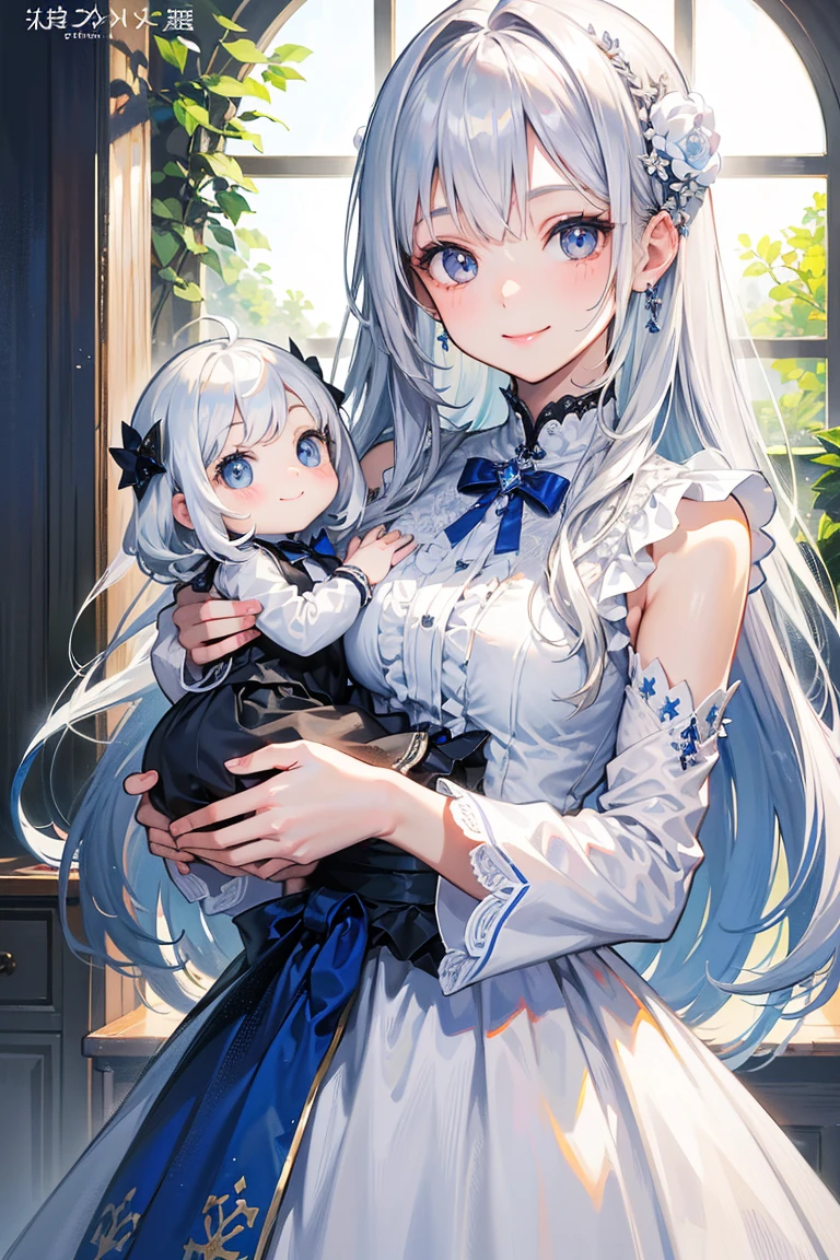 top-quality、realistic touch,high-detail、photoRealstic、Long body、captive beauty、big eye、Strong platinum blonde eyelashes、platinum-blond、full body Esbian、Sparkling eyes、Submissive smile、Flushed cheeks、Kamimei、thin-waist、Voluptuous thighs、Enraptured look、Raked bangs、The forehead is protruding、Tight chinese dress、sleeveless、Inside a room、She isn't not wearing panties、young mother with baby