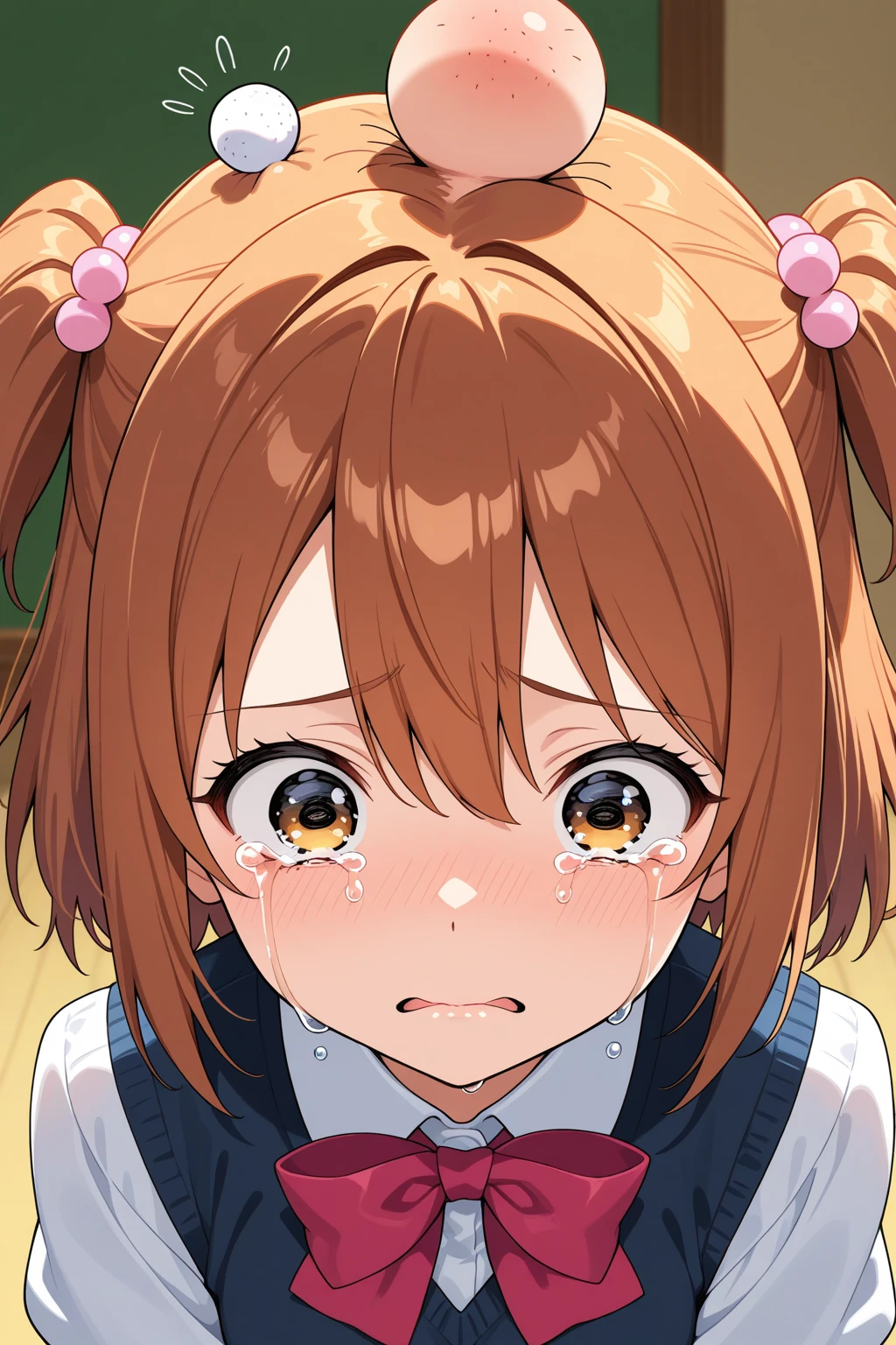 (1girl, kurusu kanako, ore no imouto ga konna ni kawaii wake ga nai), beautiful detailed eyes, black eyes, (opened mouth), nsfw, curvy, Slender, (close-up mouth), Highest quality, Super detailed, masterpiece, Ultra-high resolution, 8k, Embarrassing, blush, Lovely, (With tears in her eyes and her mouth open), Sticky saliva