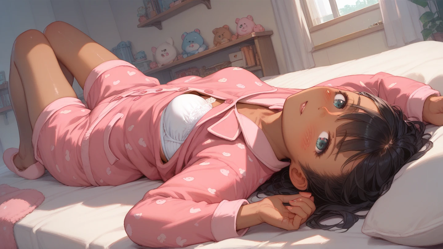 Cute loli characters, style of anime, Bright blue pupils、Pink pajamas、inside bedroom、with short black hair、