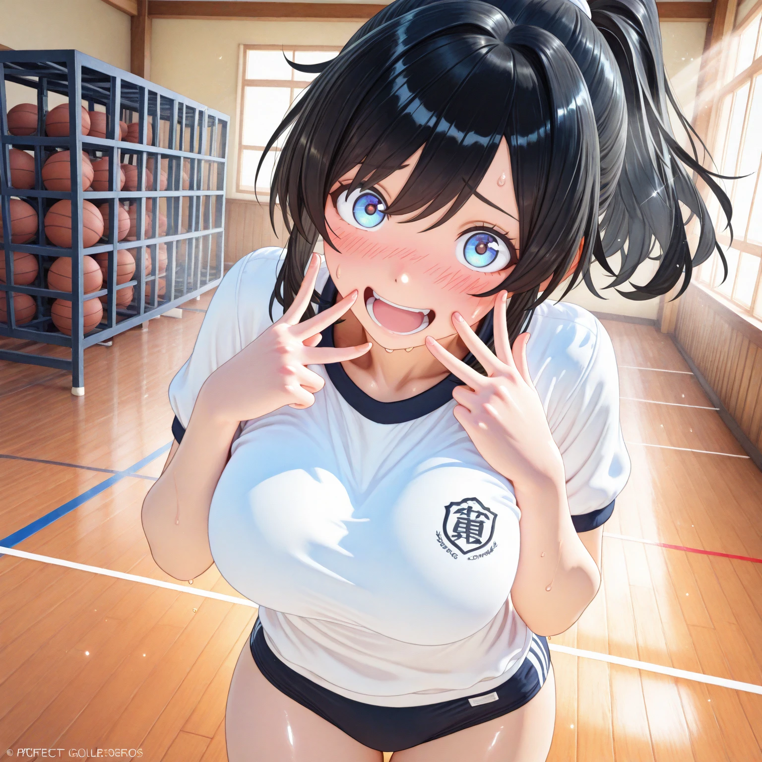 One girl,18-year-old,Perfect hands, Perfect Fingers,Perfect Anatomy, masterpiece, highest quality,Realistic, hyperRealistic, 16K HDR,, morning, short hair, Black Hair, blue eyes, Glasses, (Sexy Basketball Wear,:1.2),indoor,Arena,,Are standing,(Sweat:1.2),(Smile),Big Breasts,(Leaning forward:1.2),Cleavage、((Sexual Panties:0.9))、((Spread your legs wide:1.5))、((Boyfriend and girlfriend having sex in missionary position:1.5))、((POV:1.5))、((Half breast exposed:0.9))