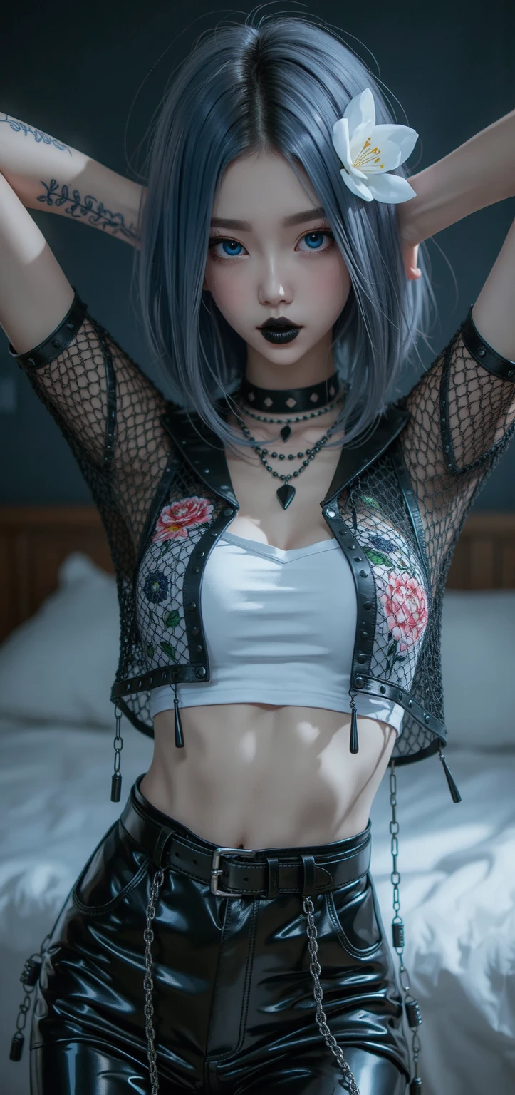 masterpiece, Highest quality, Very detailed, shape,(1 female),Beautiful attention to detail, View your viewers, close, (breast focus), (From above:1.1), Huge breasts, black tattoo, tattoo, chest tattoo, arm tattoo, rib tattoo, breast tattoo, cleavage tattoo, neck tattoo, shoulder tattoo, huge tattoo,(Small and beautiful nipples),(Gray Hair)