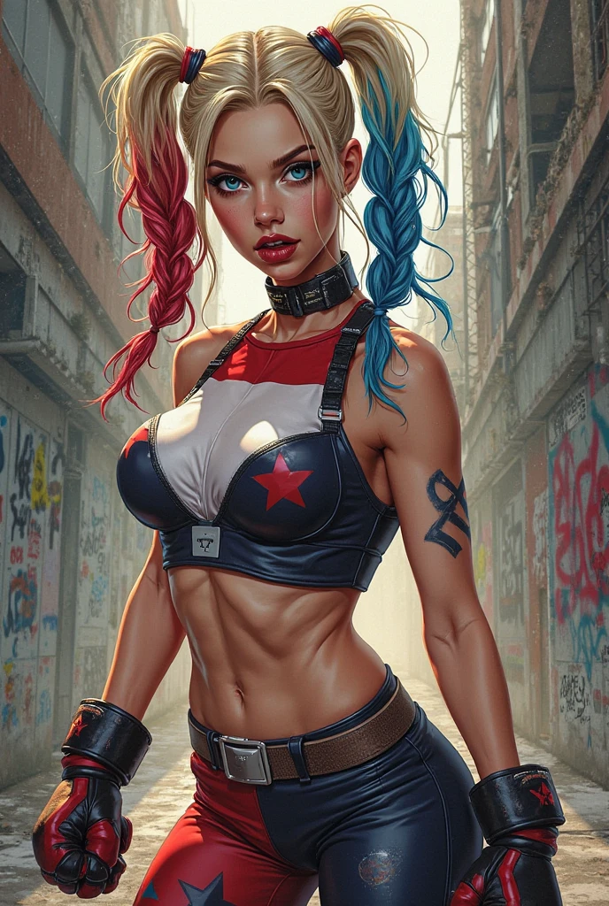 ((Best quality)), ((masterpiece)), (detailed:1.4), 3D, an image of Harley Quinn, fit and curvy, in her short shorts and ripped tshirt, full face makeup, big breasts, bitting bottom lip, with a smile a psyco would have, mental institution patient, slim thick, leaning her back against a light grey brick wall with her one foot planted and the other up against the wall,HDR (High Dynamic Range),Ray Tracing,NVIDIA RTX,Super-Resolution,Unreal 5,Subsurface scattering,PBR Texturing,Post-processing,Anisotropic Filtering,Depth-of-field,Maximum clarity and sharpness,Multi-layered textures,Albedo and Specular maps,Surface shading,Accurate simulation of light-material interaction,Perfect proportions,Octane Render,Two-tone lighting,Wide aperture,Low ISO,White balance,Rule of thirds,8K RAW, jester tattoos