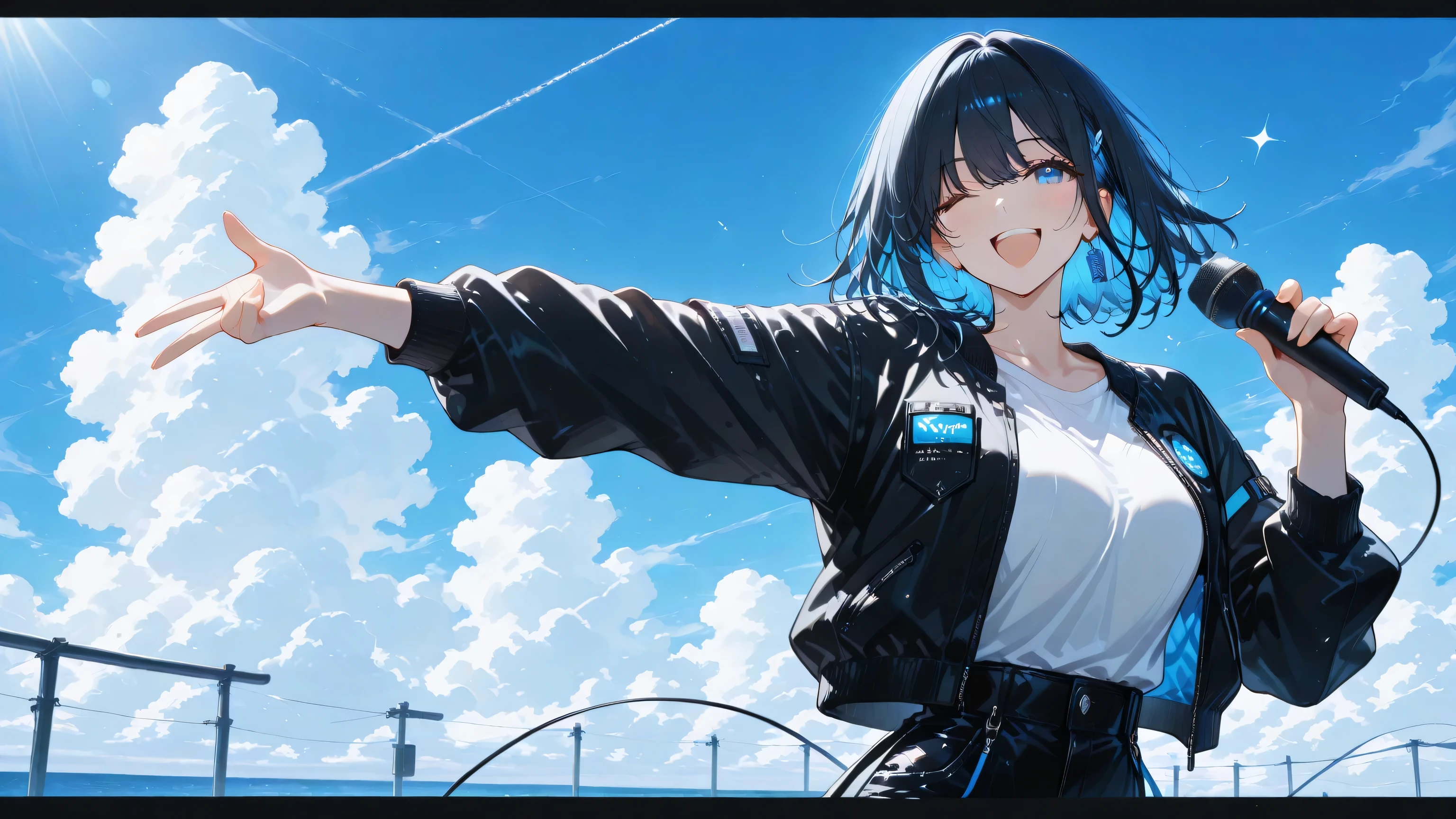 masterpiece, one girl, black medium hair, short cut, blue inner hair, asian, blue eyes, holding wireless microphone, wearing jean, white shirt, black jacket, summer, winking, jumping pose, smiling