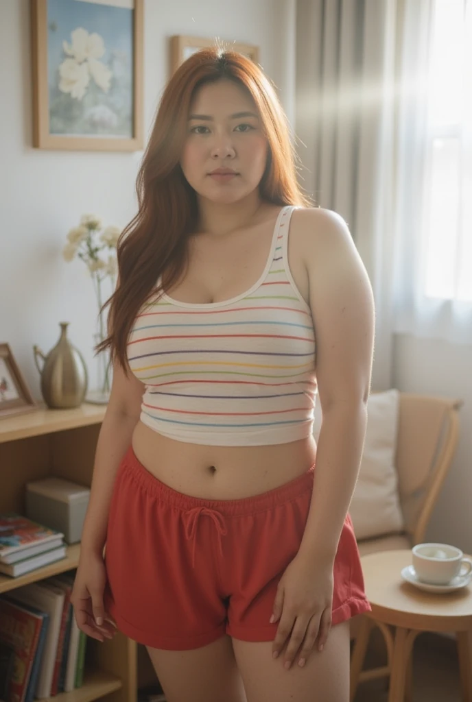 A chubby girl with curly red hair, crying in the room