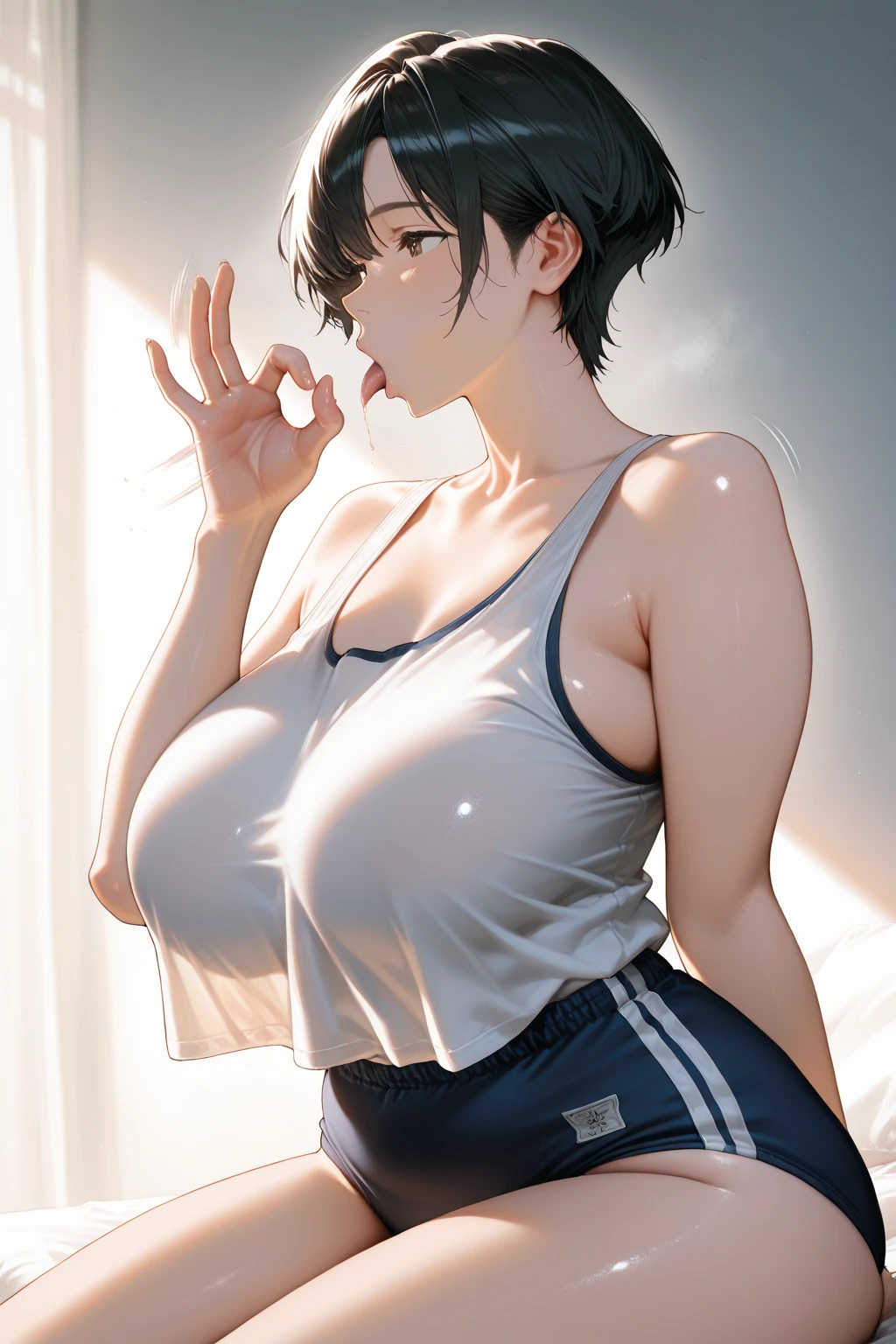 1girl,solo,super detailed skin,shiny skin,wet skin,angelic smile ,eyelashes,lips gloss,red hair,bob hair,short hair ,large breasts , tank top,jogger pants,night park,masterpiece,best quality,ultra detailed,high resolution,sharp focus,depth of field