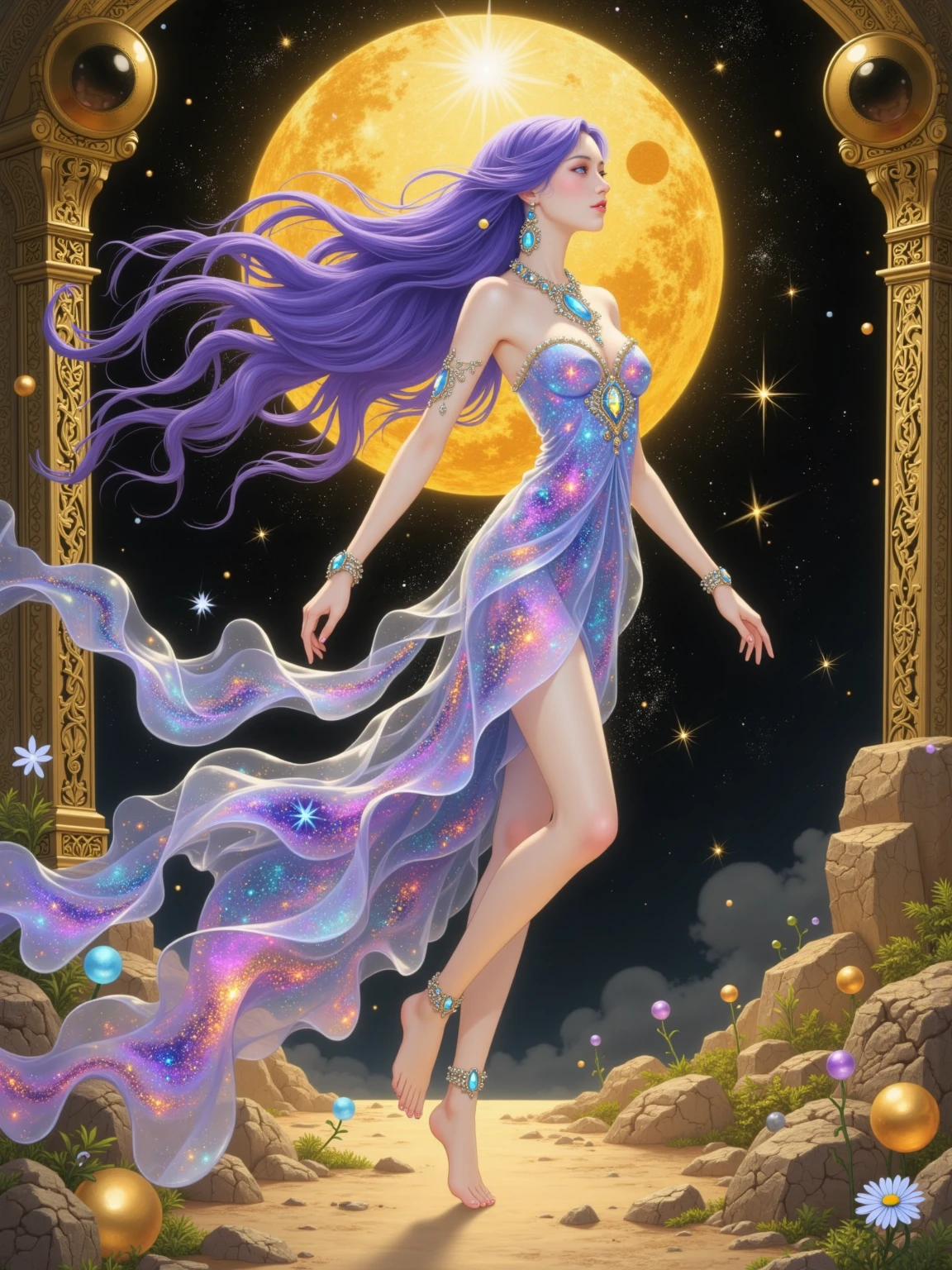 A radiant goddess floats in the center of a vast cosmic expanse, her gentle breath blowing through a delicate wand. As she exhales, countless bubbles emerge, each one expanding into a miniature universe filled with swirling galaxies and distant stars. The bubbles drift and dance around her, suspended in the infinite void, shimmering with cosmic light. Bathed in soft pink, orange, and purple hues, she emanates a serene energy—love and peace glowing from her being. Behind her, an infinity symbol sparkles with shooting stars, symbolizing the endless cycle of creation and discovery.