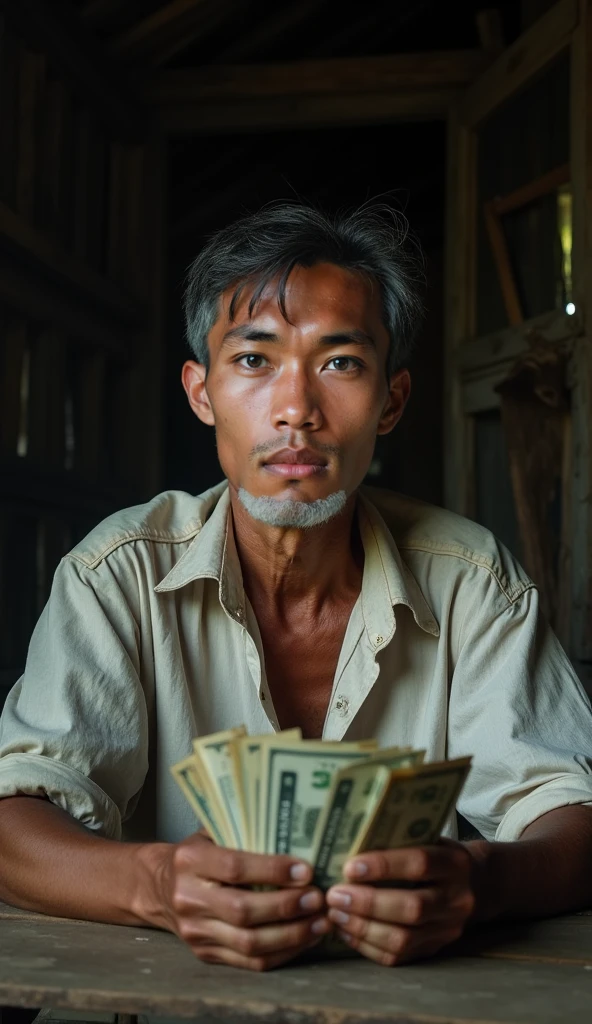 A beggar with an exaggerated expression of happiness counting money notes.