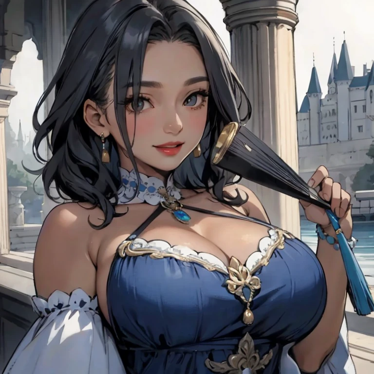 (photo of female citizen:1.3) 1girl, solo, big breasts, looking at viewer, smile, hair ornament, cleavage, dress, bare shoulders, jewelry, collarbone, upper body, red long hair, flower, teeth, solo focus, hair flower, necklace, blurry, strapless, tattoo, depth of field, blurry background, (realistic:1.3) crowd, (in a medieval square:1.1), 8k, cinematic, fantasy